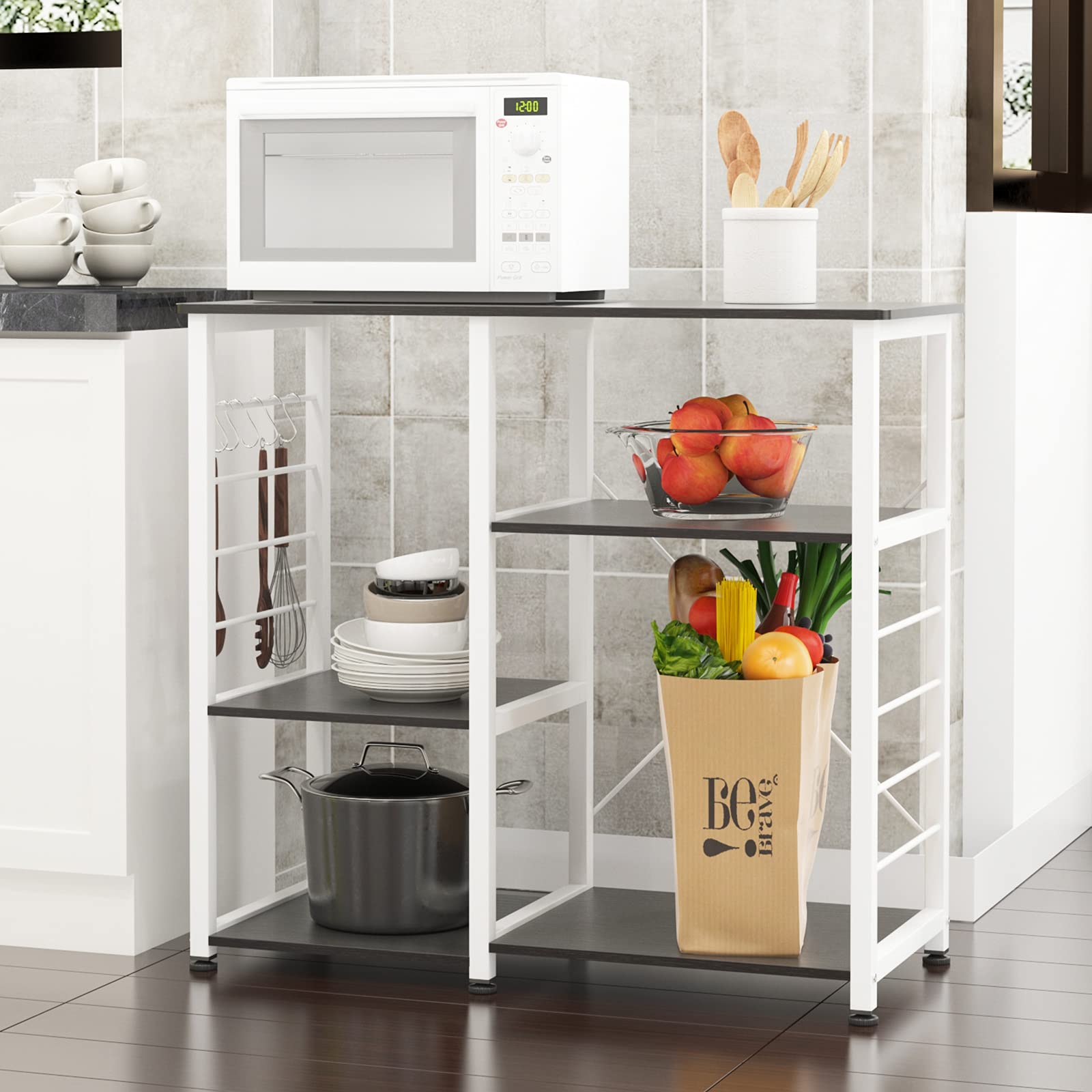 SogesGame Kitchen Bakers Rack with Storage - 3-Tier Microwave Stand, Coffee Station & Utility Cart - Perfect for Small Kitchen, Pantry Organization & Dining Room Storage - Black