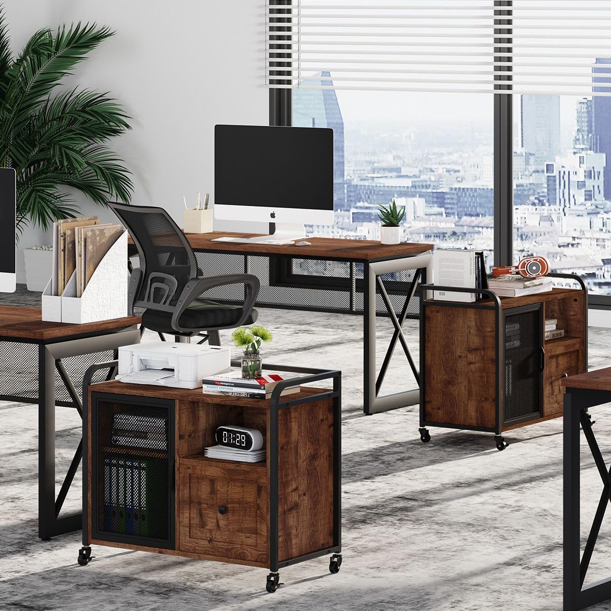BON AUGURE Rolling Lateral File Cabinet - Rustic Oak Wood & Metal Home Office Storage with Printer Stand & Drawer | Perfect for Small Spaces, Under Desk Organization & Office Decor