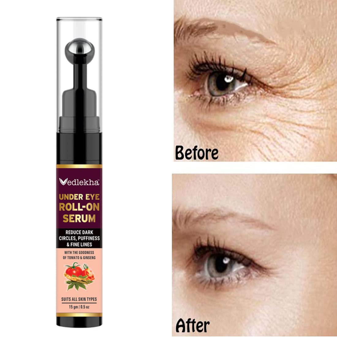 Vedlekha Under Eye Serum Roll On with Vitamin E, Ginseng & Retinol - Dark Circle Treatment for Men & Women - Cooling Massage Roller Reduces Puffiness & Fine Lines - 15gm - Perfect for Morning & Night Skincare Routine