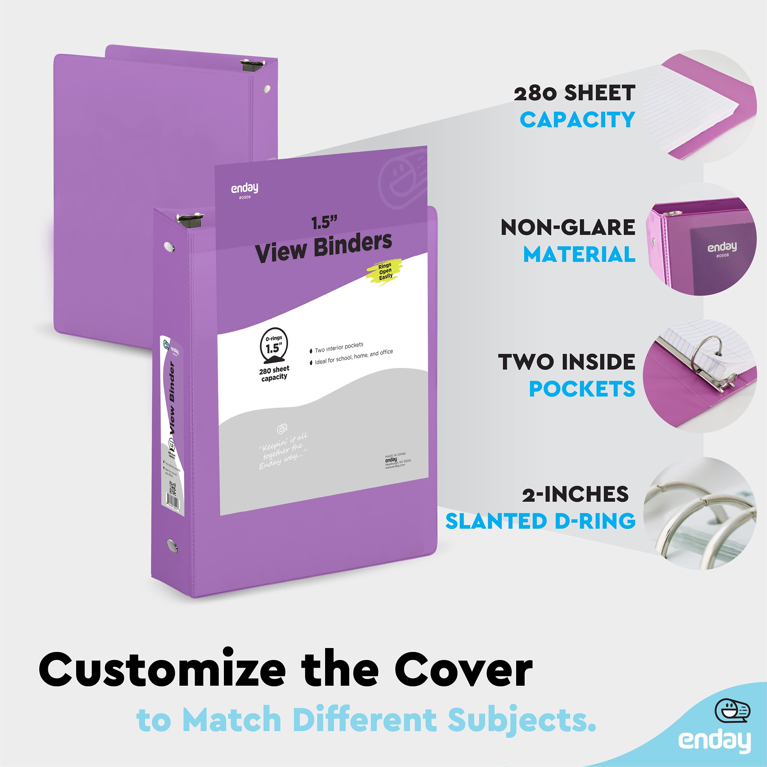 Enday 1.5 Inch Purple 3-Ring Binder with Clear View Cover & 2 Inside Pockets - Durable School & Office Supplies for Organizing Documents, Homework, Presentations - Perfect for Students, Teachers & Professionals