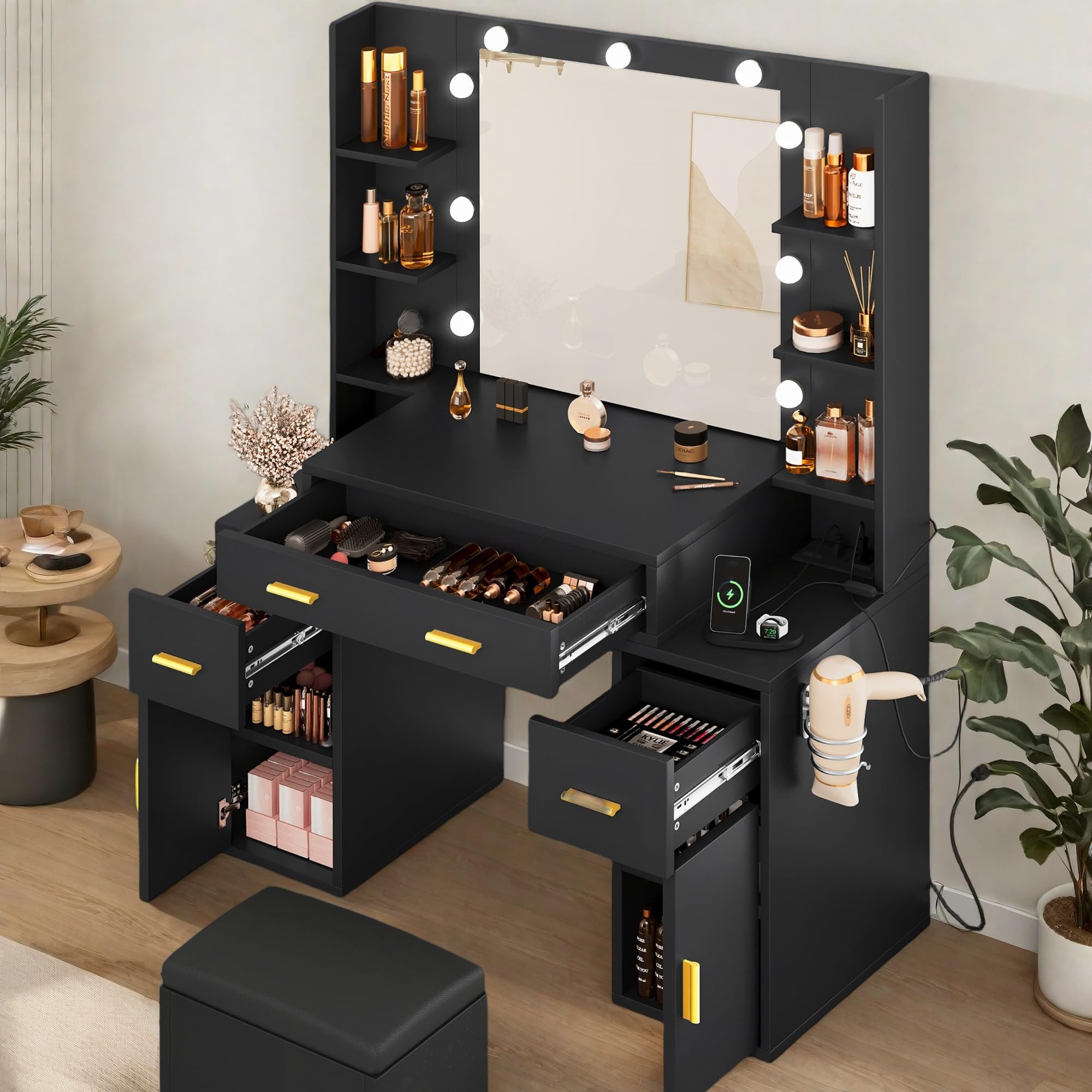 YITAHOME Makeup Vanity Desk with LED Mirror & Lights - Large Dressing Table Set with Charging Station, 3 Drawers, 6 Shelves & 2 Cabinets - Includes Storage Bench & 3 Lighting Modes (Coal Black) - Perfect for Bedroom, Dressing Room & Beauty Salon Organization
