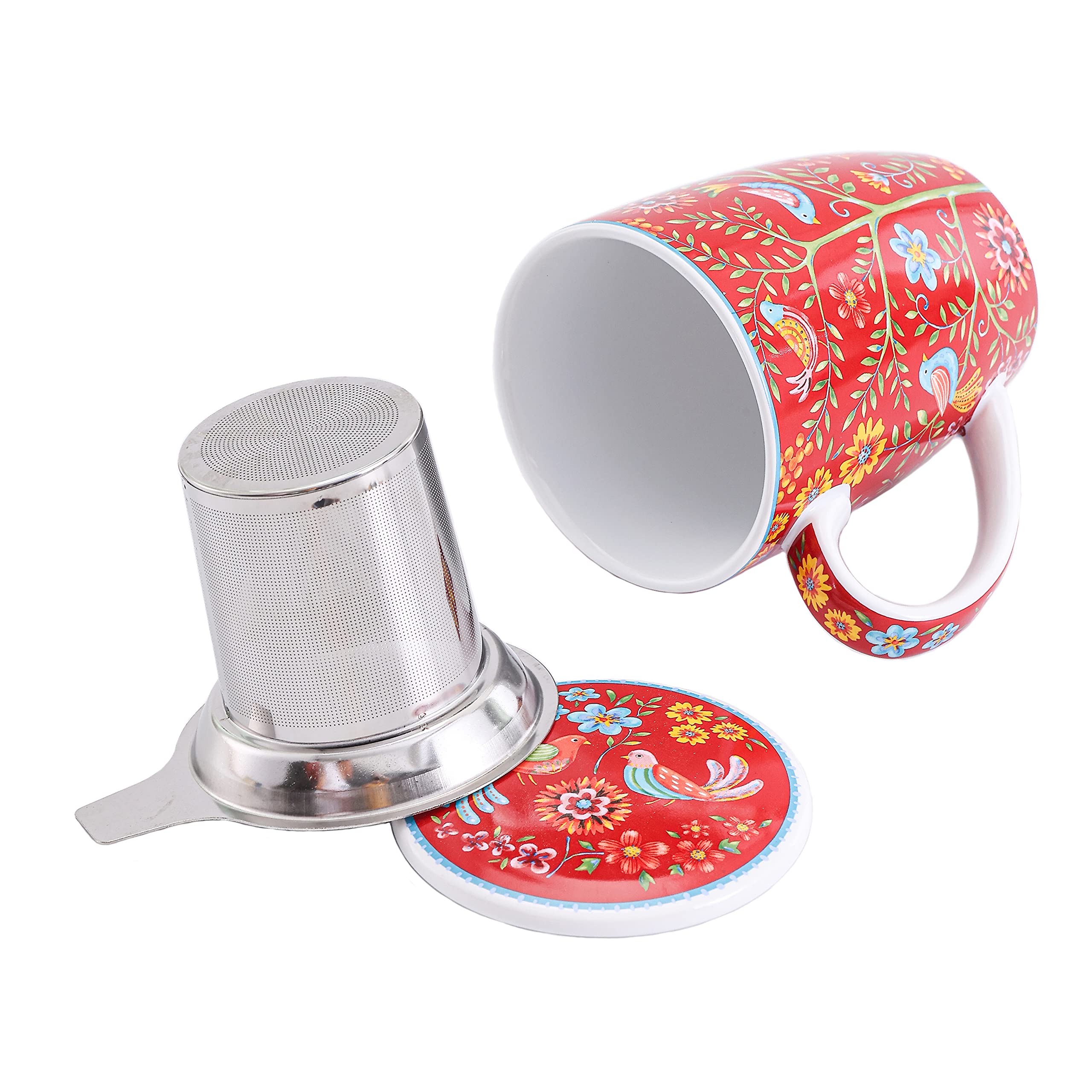 Bico Red Spring Bird 12oz Porcelain Tea Mug with Infuser & Lid - Microwave & Dishwasher Safe - Perfect for Home, Office & Gift Giving