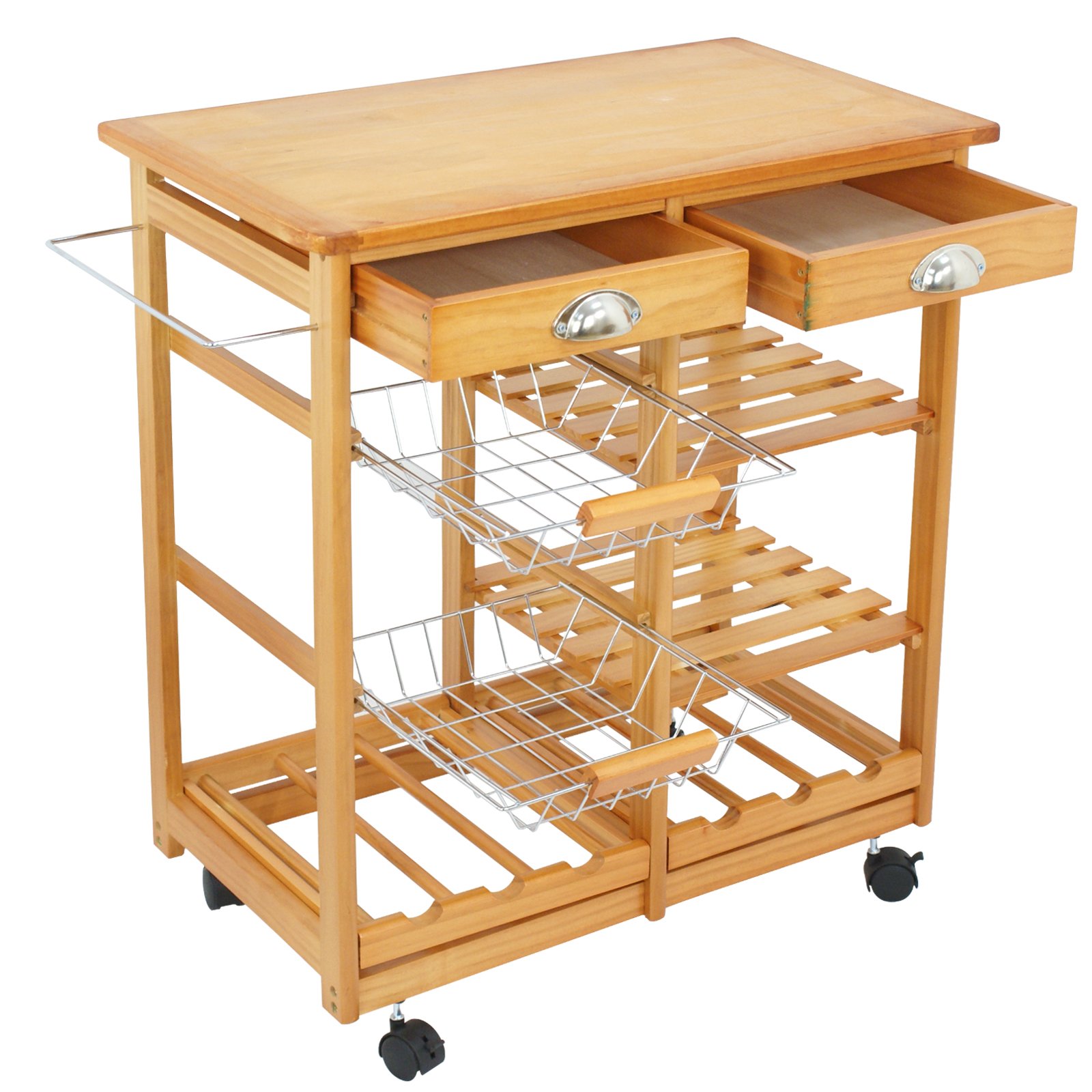 HomGarden Wooden Rolling Kitchen Storage Cart with Drawer, Shelves & Basket - Mobile Dining Island Trolley, Countertop Stand & Microwave Cart for Small Spaces | Perfect for Kitchen Organization, Pantry Storage & Dining Room Serving