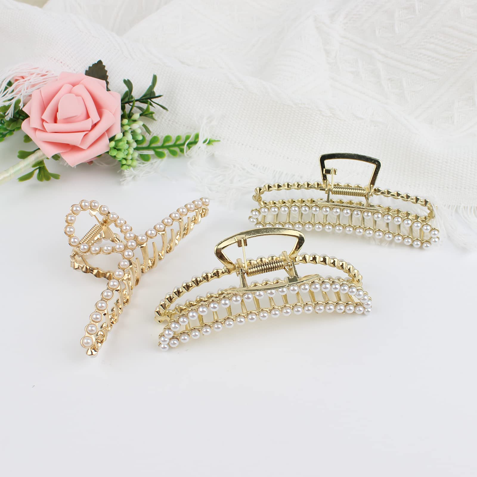 VinBee Pearl Hair Clips for Women - Large Metal Hair Claw Clips for Thick & Thin Hair (3 Pack, 4.5 Inches) - Perfect for Updos, Ponytails & Everyday Styling