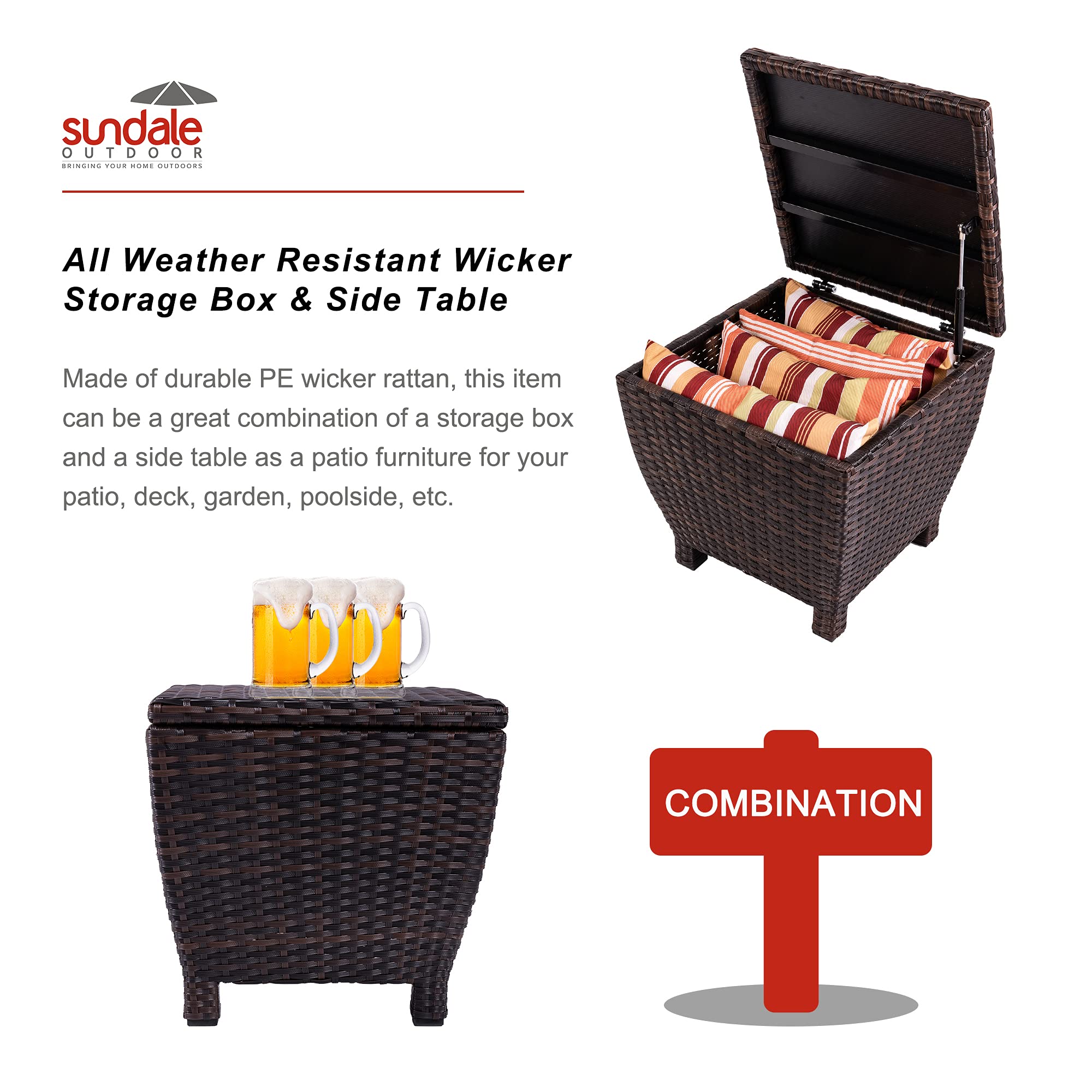 13 Gallon Sundale Outdoor Deck Storage Box with Lid - Fully Assembled Brown Wicker Rattan Side Table for Patio, Hose, Cushion & Towel Storage | Perfect for Backyard, Garden & Poolside Organization