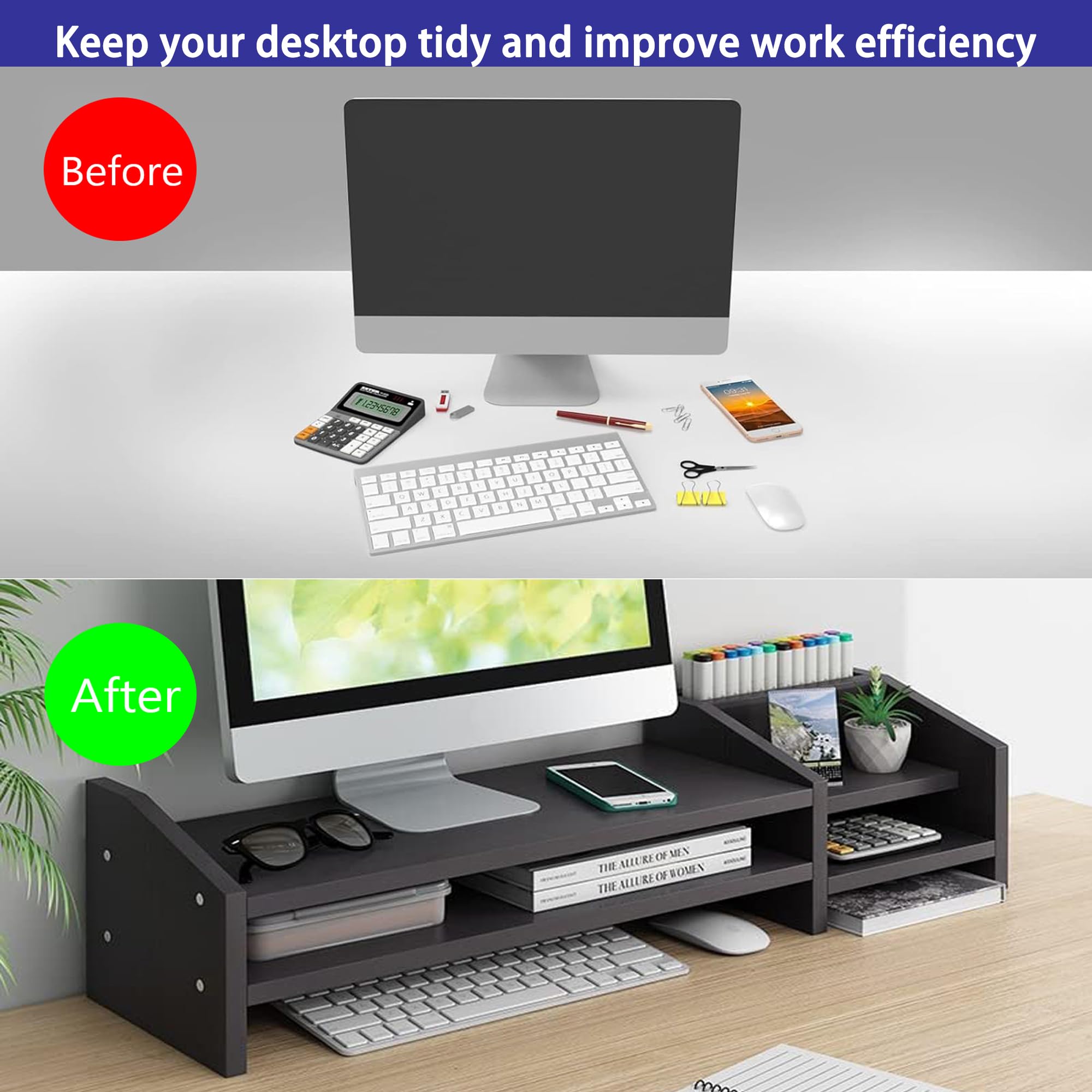 Catekro 2-Tier Wood Monitor Stand Riser with Storage Organizer - Desktop Organizer for Computer, Laptop, Printer (Black) - Perfect for Home Office, Gaming Setup & Workspace Organization