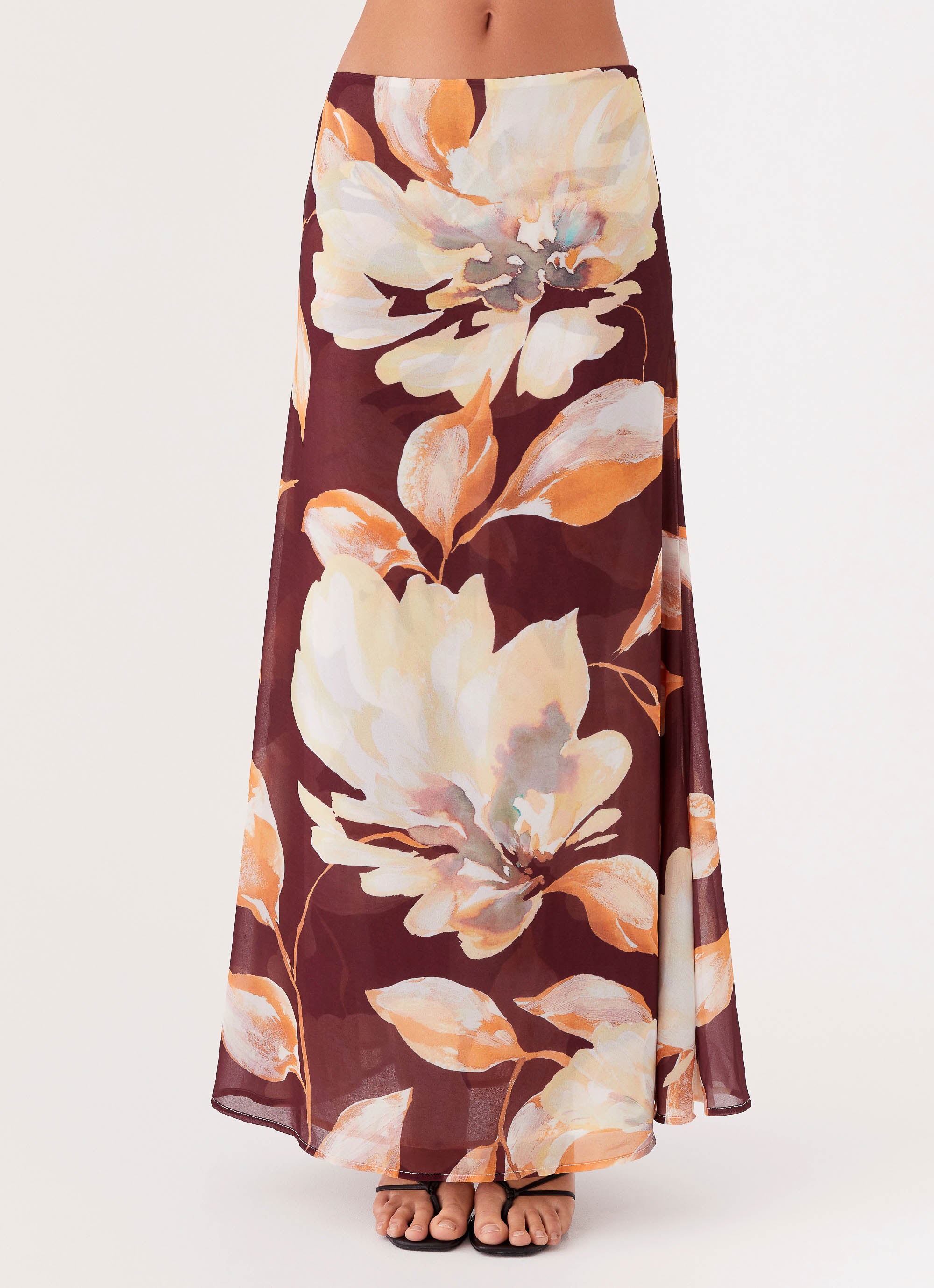 Floral Print Maxi Skirt for Women - Elegant Brown Camellia Design - Perfect for Summer, Beach, and Boho Fashion Outfits