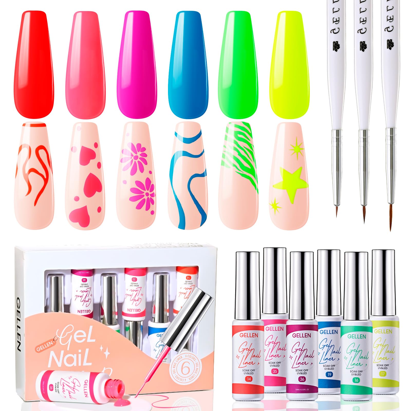 Gellen 6 Colors Gel Nail Polish Set - Red, Pink, Green UV LED Soak Off Nail Art Kit with Thin Brush | Professional Manicure for Home & Salon Use | Perfect for Parties, Weddings & Special Occasions