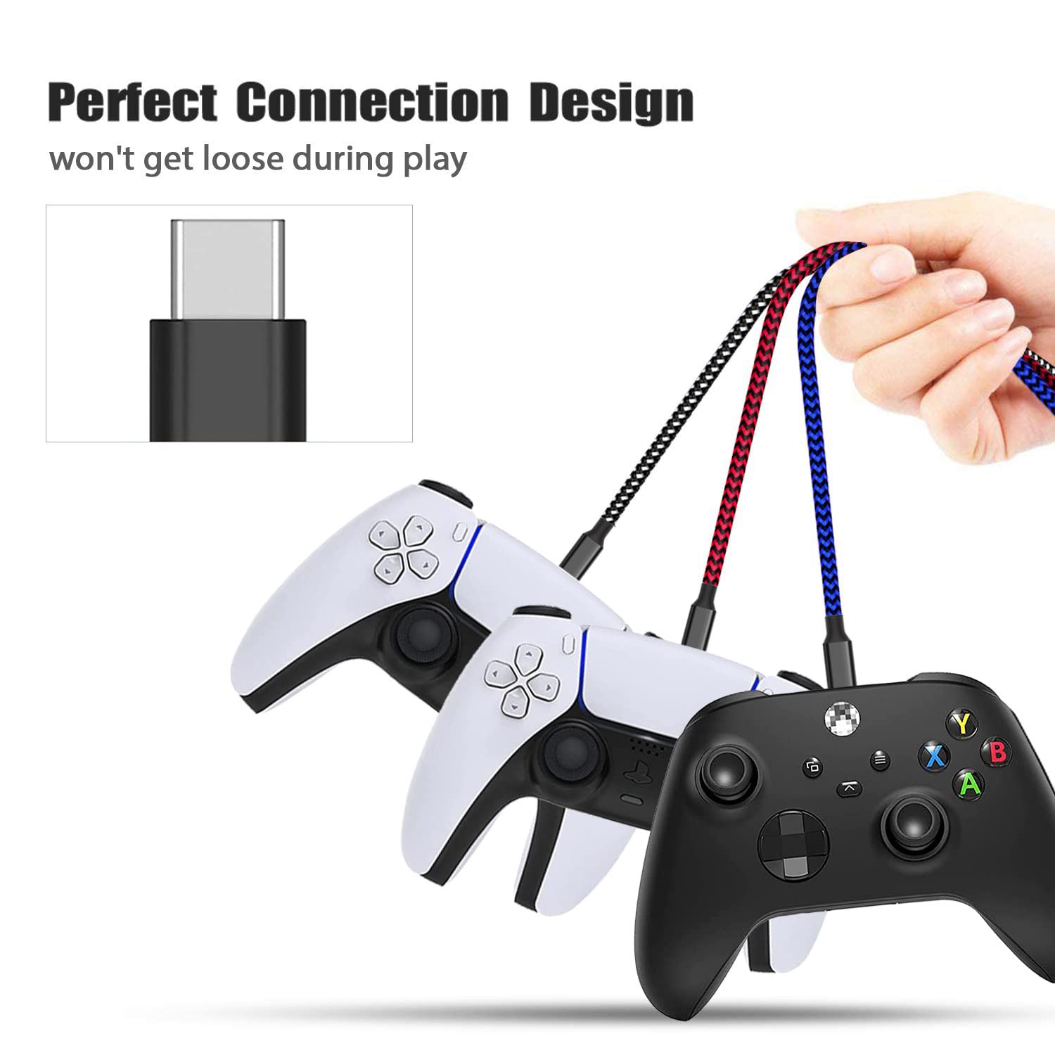 3-Pack 10FT Nylon Braided USB-C Charger Cable - Fast Charging Cord for Samsung Galaxy S10/S9/S8/S20 Plus/A51/A12/A11, Note 10/9/8, PS5 Controller, Xbox Series X/S Controller - Durable & Tangle-Free (White, Red, Blue) | Perfect for Gaming, Travel & Home Charging