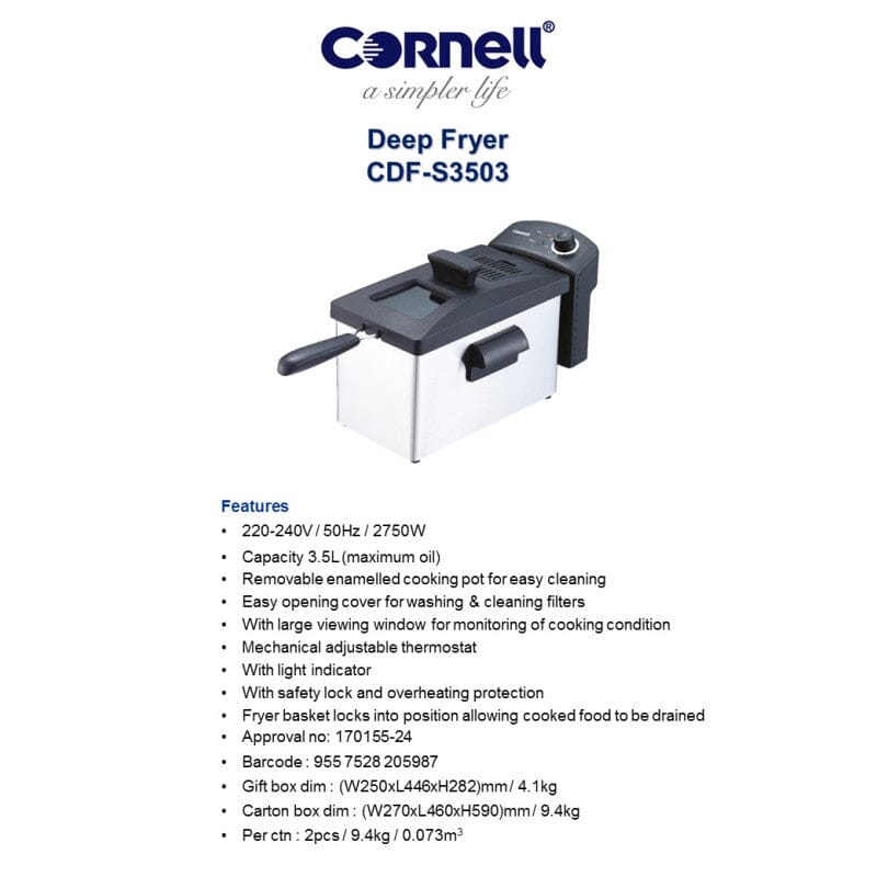 Cornell 3.5L Electric Deep Fryer with Basket - Stainless Steel Commercial Deep Fat Fryer for Home & Restaurant Use - Perfect for Frying Chicken, French Fries, Fish, and Donuts