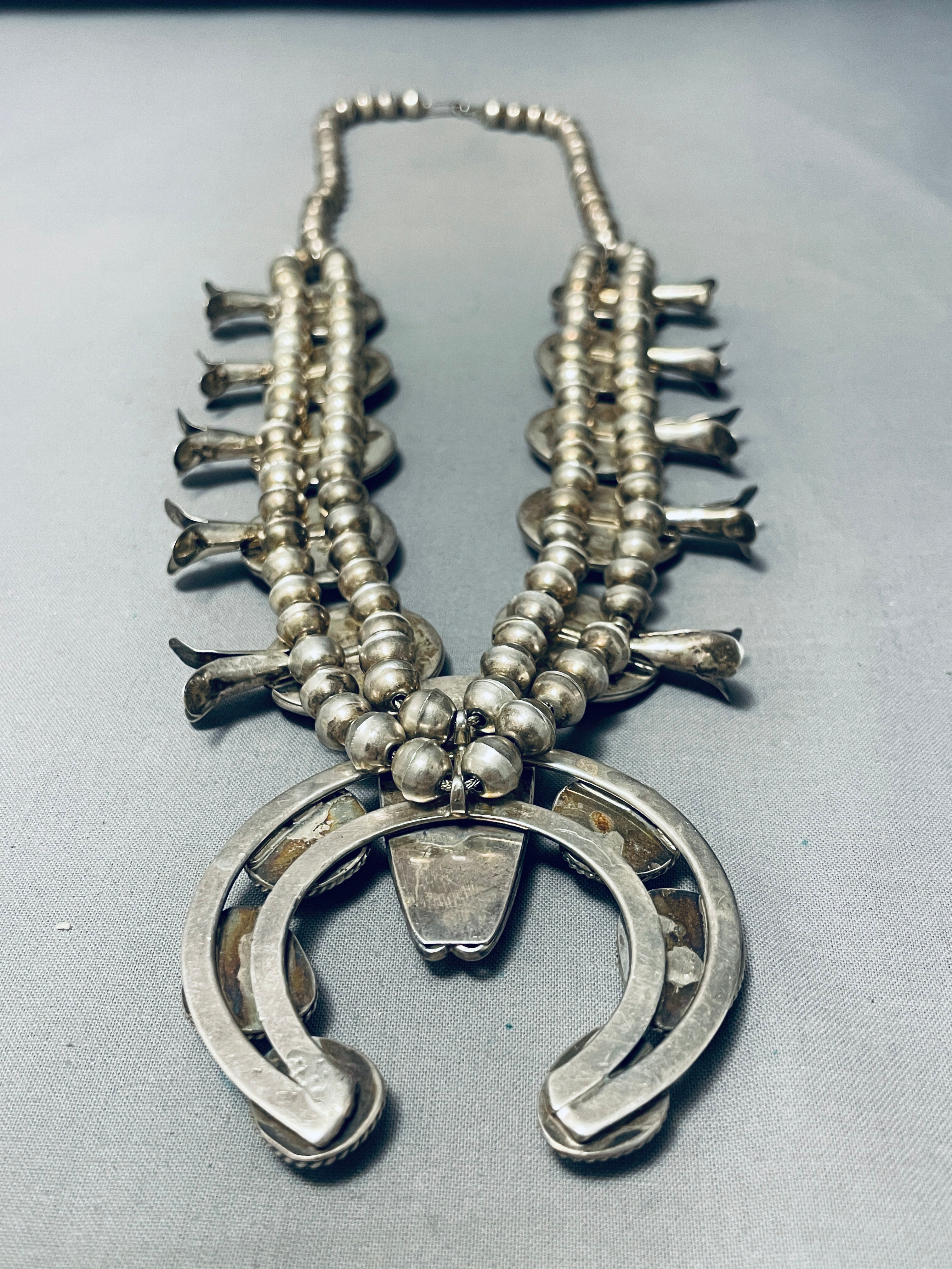 Authentic Vintage Navajo Sterling Silver Squash Blossom Necklace with Turquoise - 200g Handmade Native American Jewelry for Women - Perfect for Boho Fashion, Weddings & Special Occasions