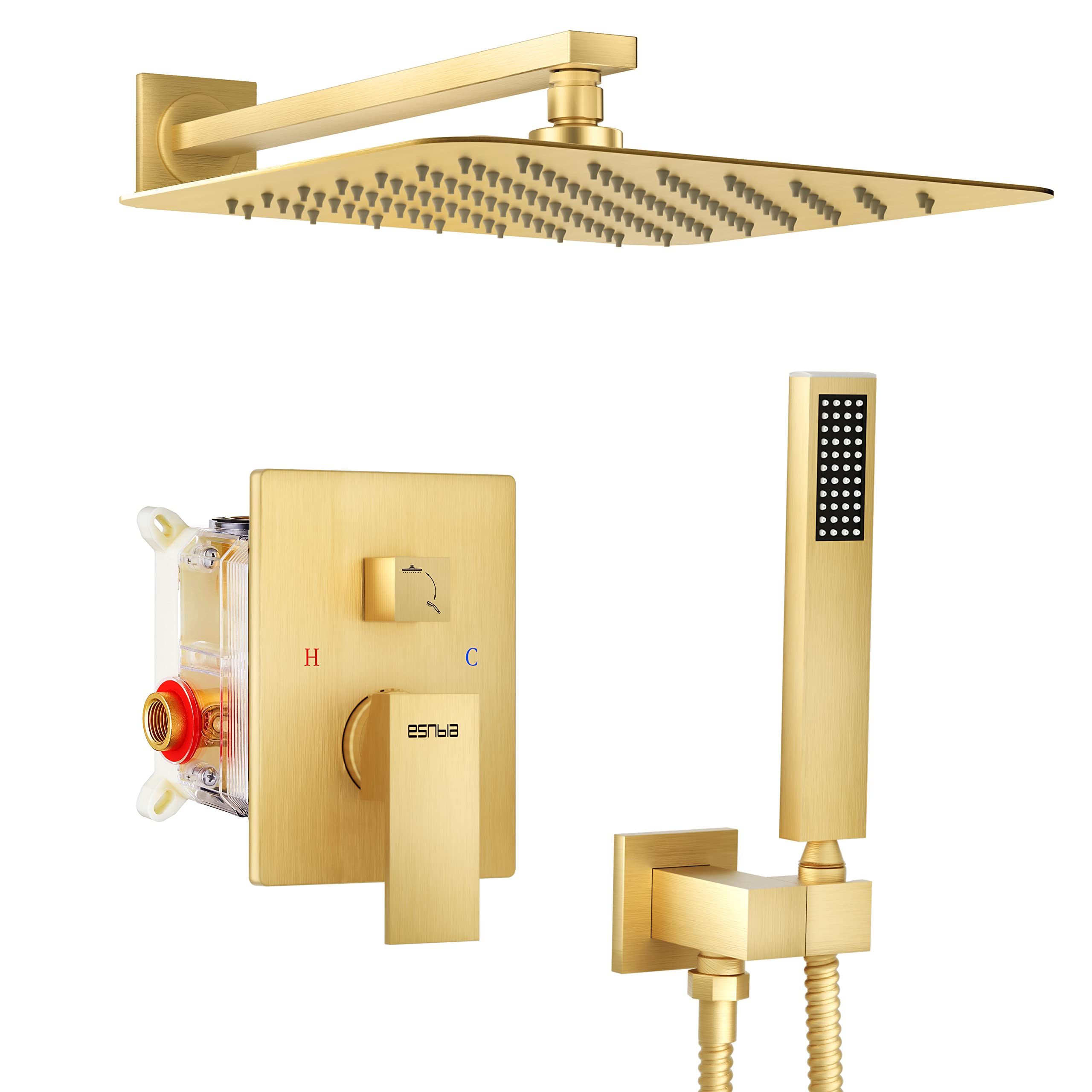 ESNBIA 12 Inch Rain Shower Head with Handheld Combo - Wall Mounted High Pressure Dual Shower System - Brushed Gold Bathroom Faucet Set with Valve & Trim - Perfect for Luxurious Spa-Like Showers and Modern Bathroom Upgrades