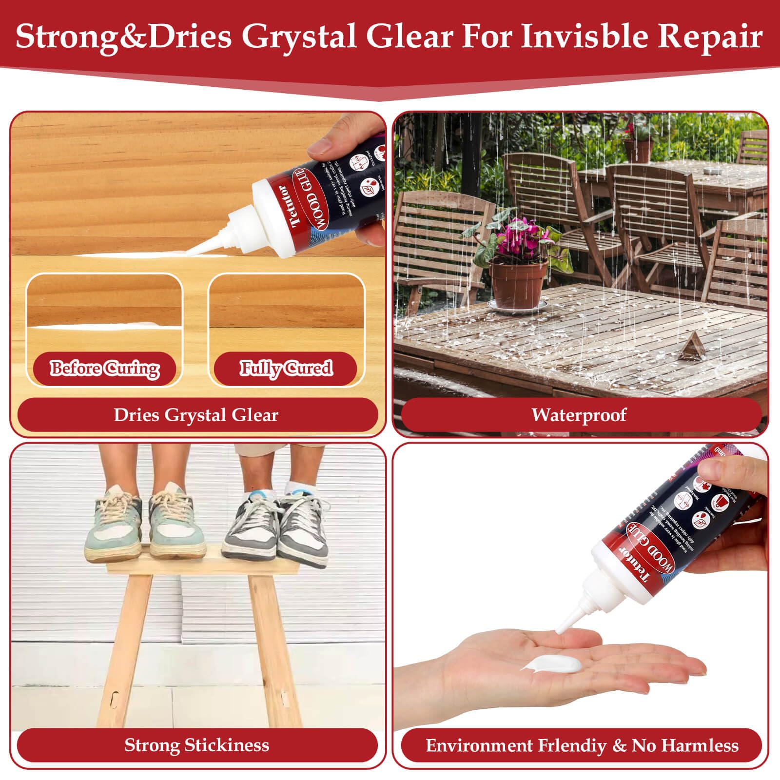 220ml Heavy Duty Wood Glue for Furniture Repair & Woodworking - Waterproof Clear Adhesive with Brush & Spatula Included - Strong Bond for Crafts, DIY Projects, and Home Improvement