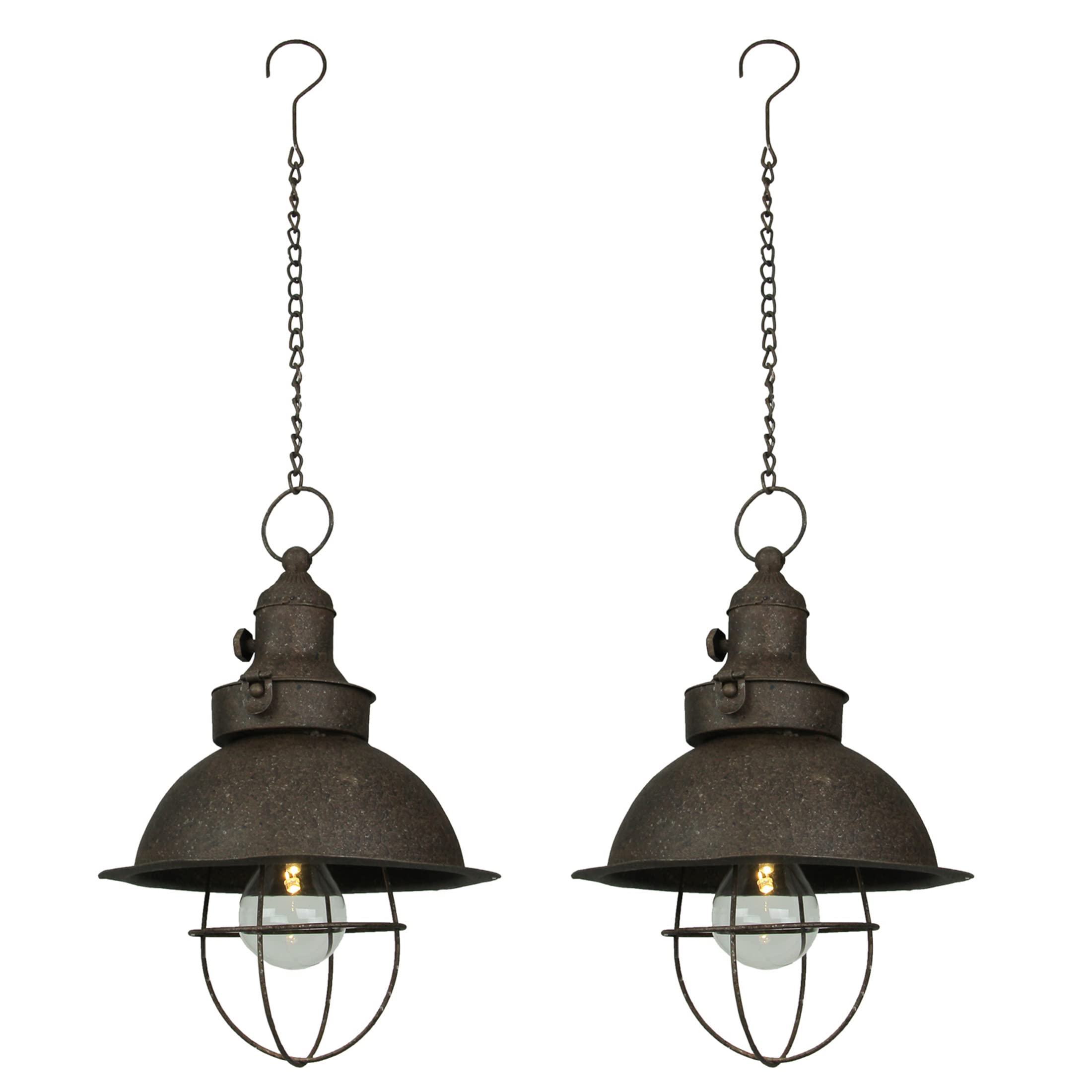 Zeckos 2-Pack Antique Dark Brown Farmhouse LED Pendant Lights with Timer - Battery Operated Indoor/Outdoor Hanging Lamps - 9 Inch Diameter - Perfect for Porch, Patio, Barn, Shed & Cabin Decor