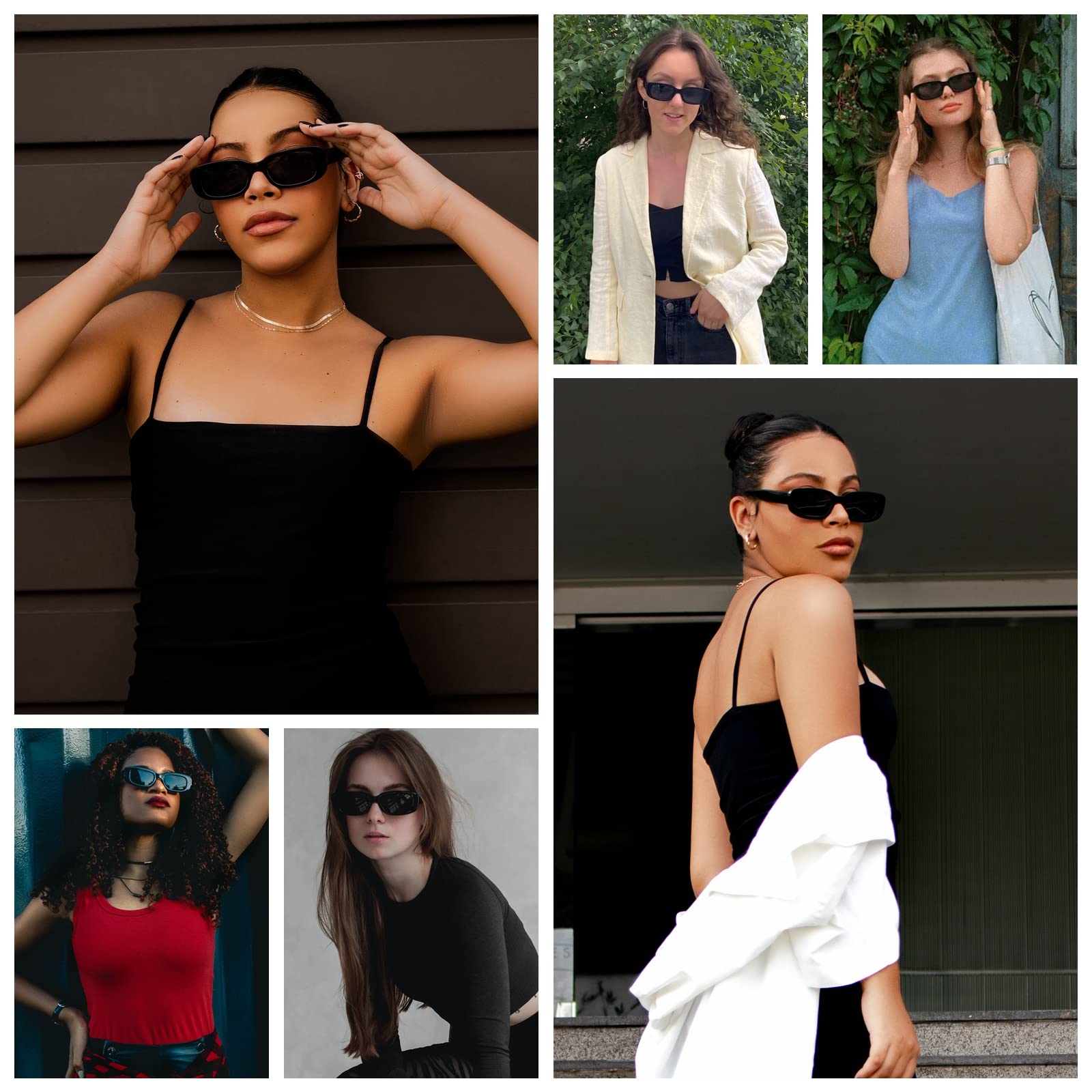 Vintage Black Rectangle Sunglasses for Women & Men - 10 Pairs Retro 90s Fashion Square Sun Glasses Set | Trendy Festival, Party, and Everyday Wear Accessories