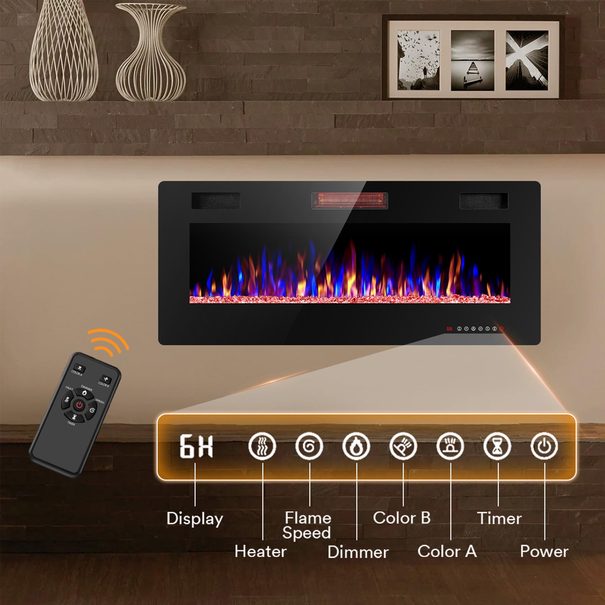 42 Inch Electric Fireplace Insert - Recessed or Wall Mounted 750W/1500W Heater with Touch Screen & Remote Control - Adjustable Flame Color/Speed & Timer - Perfect for Living Room, Bedroom & Office