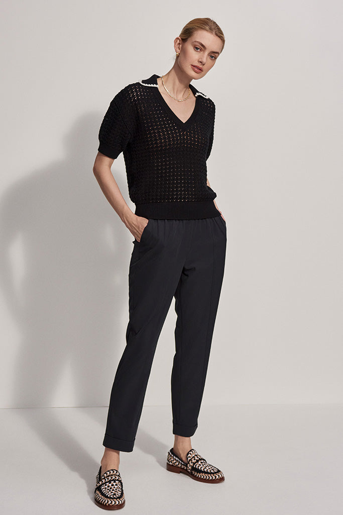 Varley Monte V Neck Knit Polo Shirt for Men & Women - Soft Breathable Cotton Blend - Classic Black Casual Top for Golf, Work & Everyday Wear