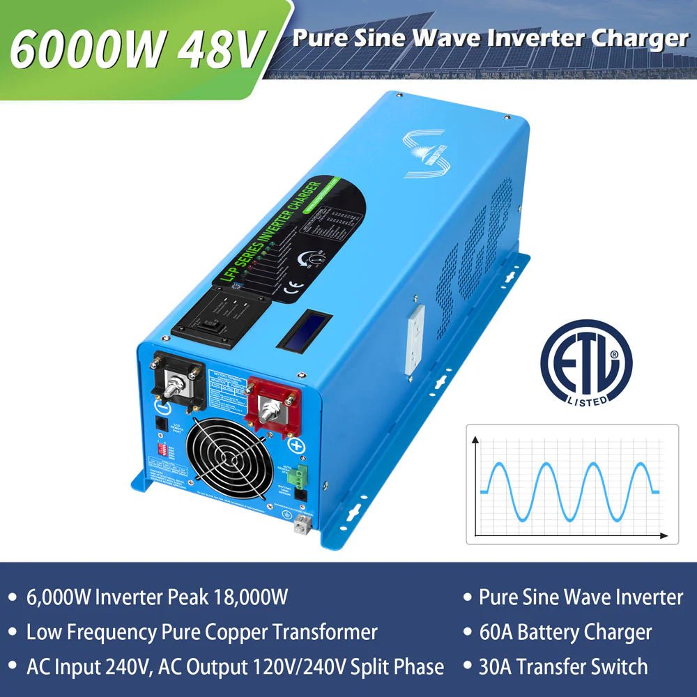 SunGoldPower 6000W 48V Pure Sine Wave Inverter with Charger - Split Phase, UL1741 Certified for Solar Power Systems - Perfect for Off-Grid Living, RV, and Marine Use