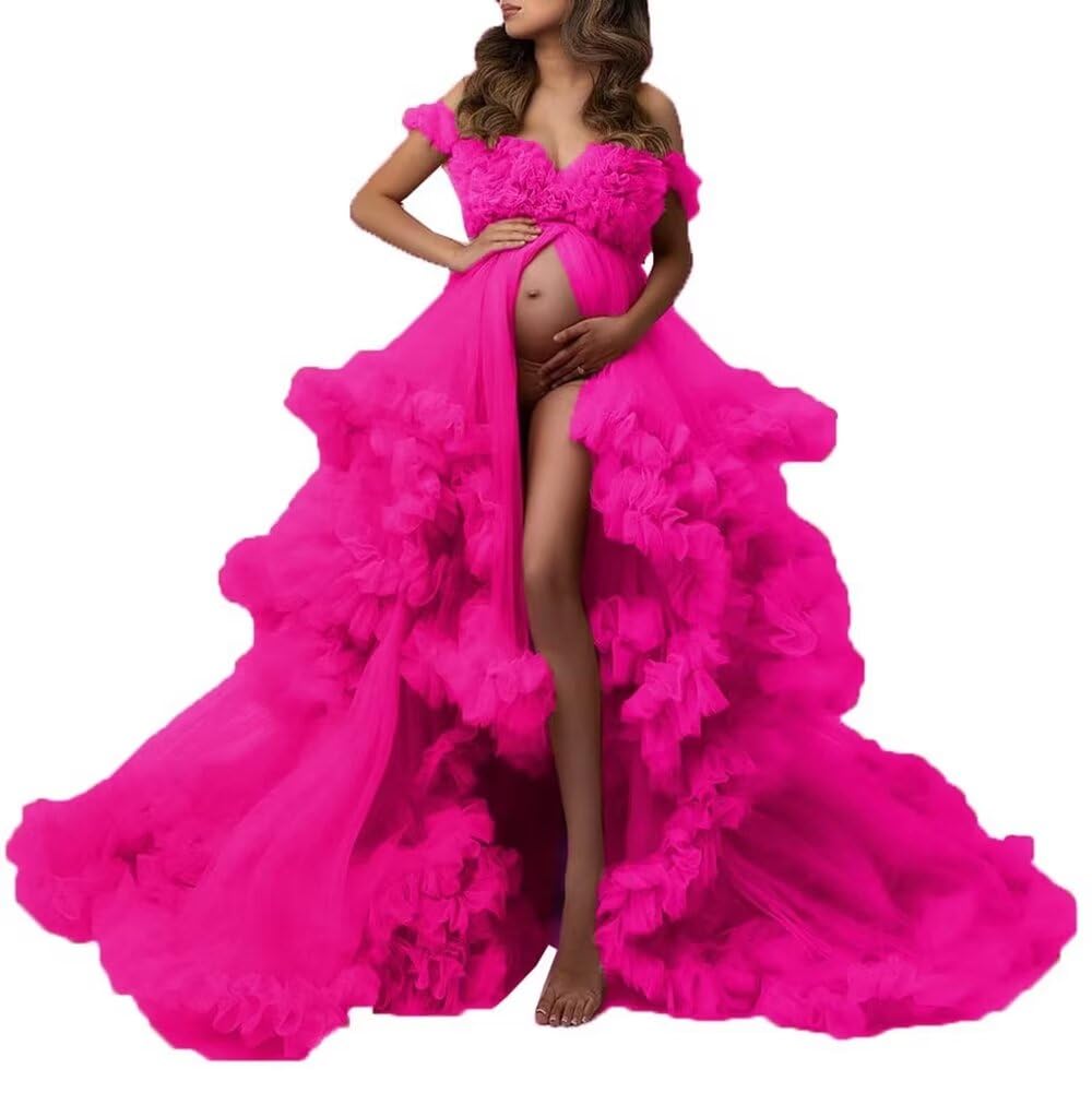 Elegant Long Puffy Maternity Dress with Tulle Skirt - V-Neck Baby Shower & Wedding Gown for Pregnancy Photos, Special Occasions and Maternity Photoshoots