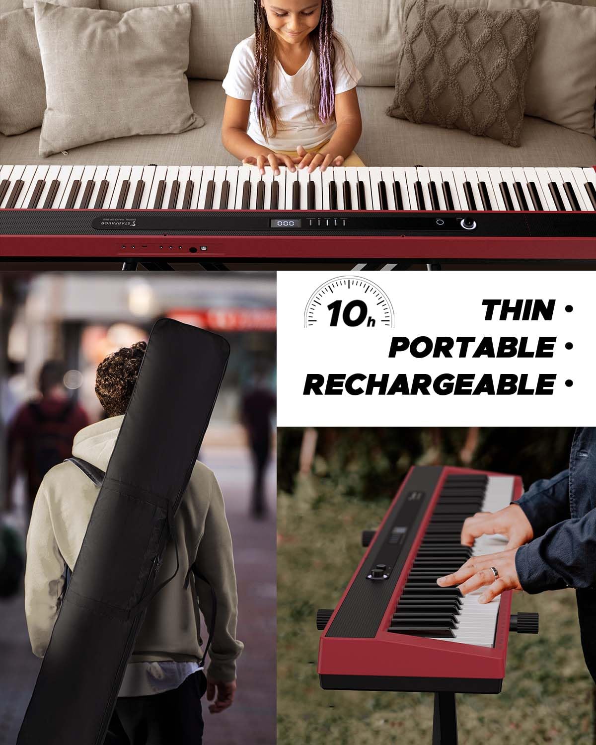 Starfavor 88 Key Digital Piano - Semi-Weighted Keyboard with Bluetooth, Stand, Pedal & Carrying Bag - Perfect for Beginners, Home Practice & Live Performances (Red)
