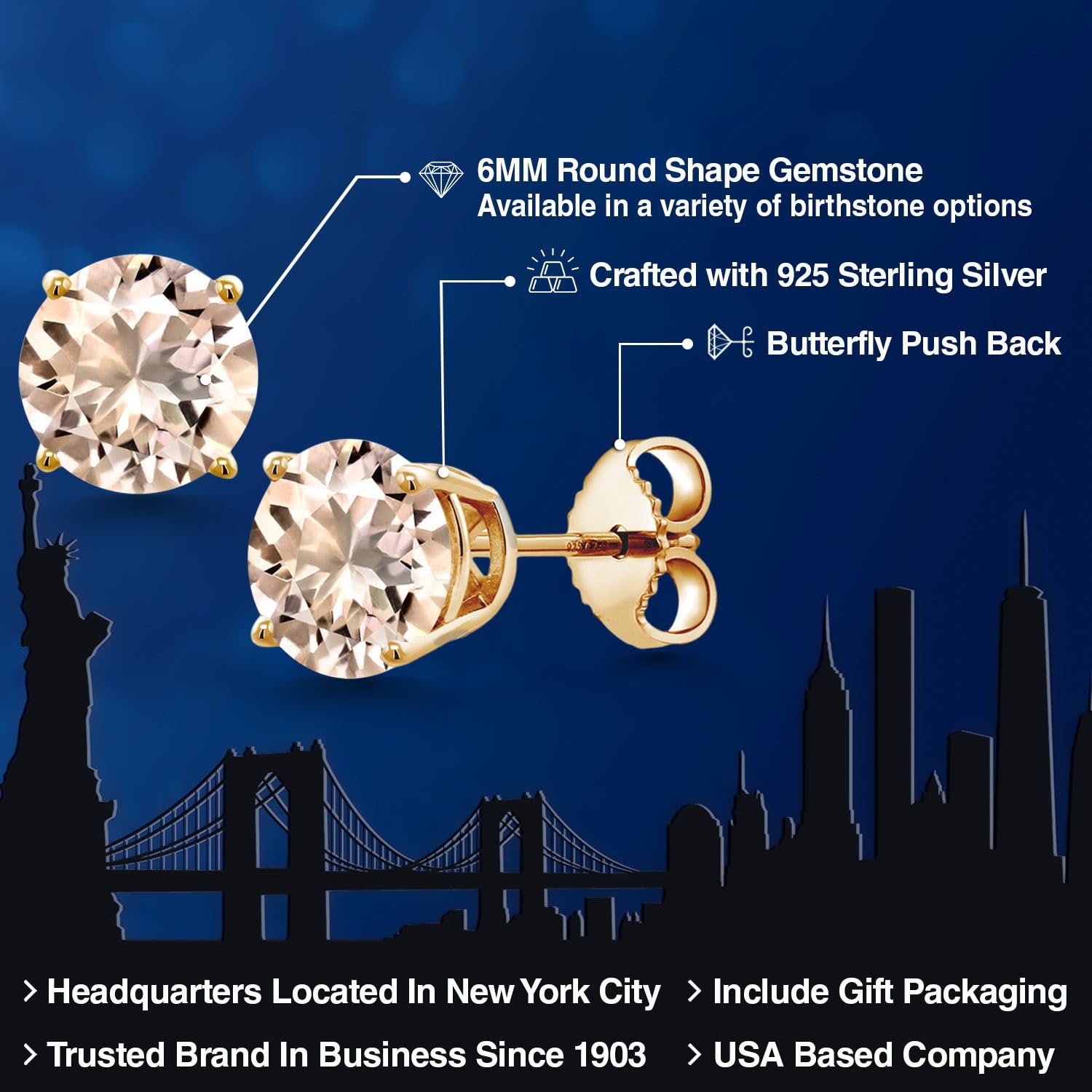 Gem Stone King 18K Yellow Gold Plated Silver 6MM Round Birthstone Stud Earrings for Women & Men | Personalized Zodiac Jewelry Gift for Birthday, Anniversary & Special Occasions