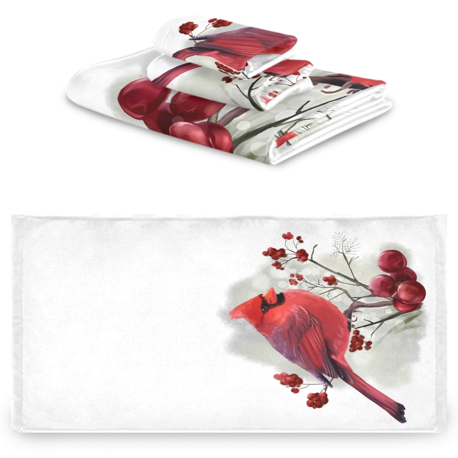 Premium 3-Piece Berry Branch Cardinal Christmas Towel Set - Soft Luxury Bath Towel, Hand Towel & Washcloth for Bathroom, Hotel, Gym, Spa, Kitchen | Holiday Decor & Gift Idea
