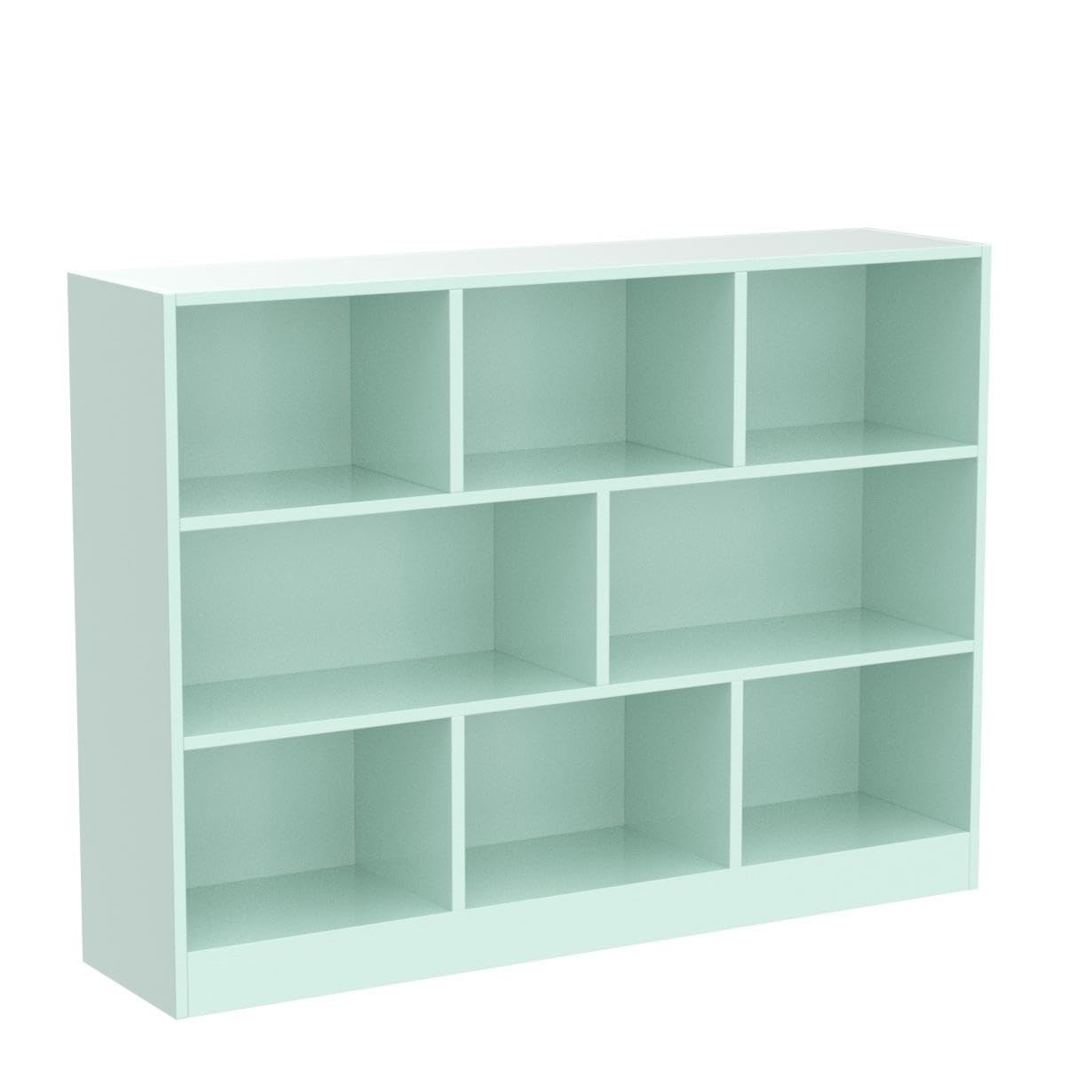 IOTXY 3-Tier Open Shelf Bookcase - Wooden Floor Standing Display Cabinet with 8 Cubes, Short Horizontal Bookshelf Organizer in Tiffany Green for Living Room, Bedroom & Office Storage
