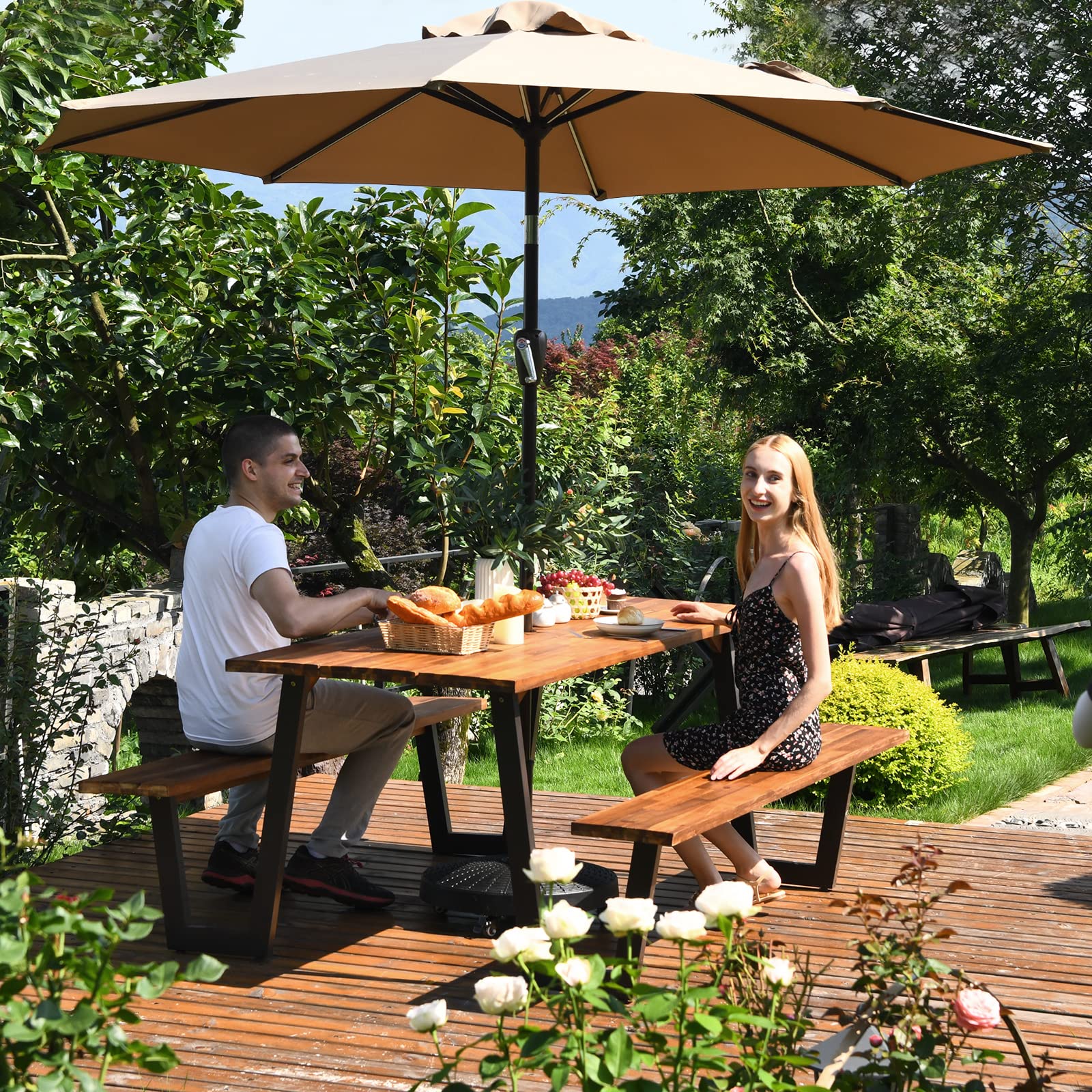 Giantex 6ft Acacia Wood Outdoor Picnic Table Bench Set with 2’’ Umbrella Hole & Metal Frame - Heavy Duty Patented Wooden Dining Table for Backyard, Garden, Patio, Camping (Natural & Black) | Perfect for Family Gatherings, BBQs, and Outdoor Entertaining