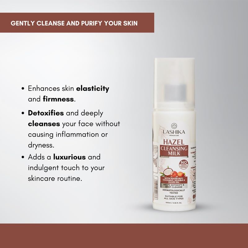 Lashika Hazel Cleansing Milk with Hazelnut, Coconut Oil, Jojoba, Olive Oil & Almond Oil - Natural Makeup Remover & Face Cleanser for Sensitive Skin (100ml) | Gentle Daily Cleansing for Dry & Oily Skin Types