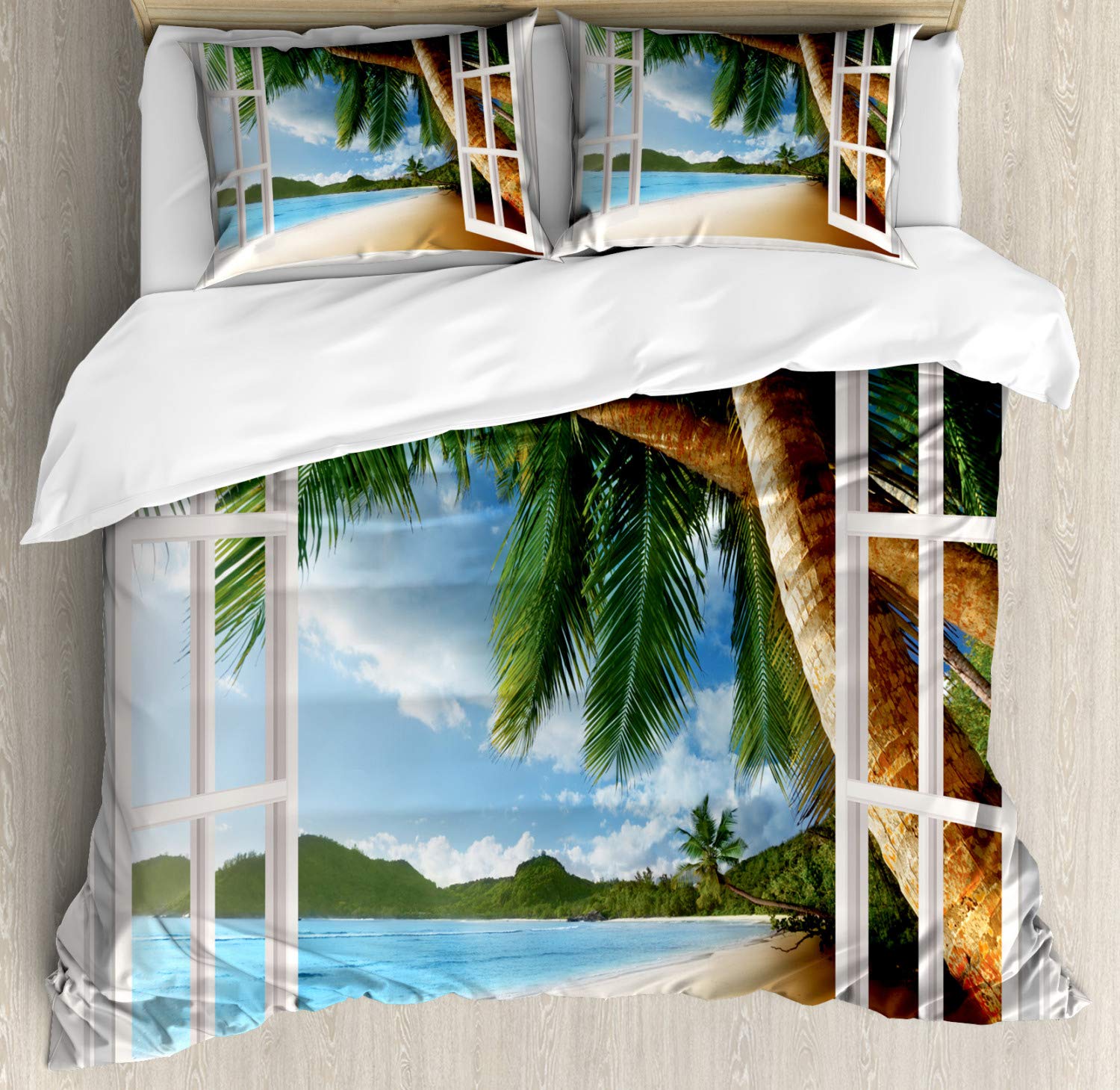 Ambesonne Nautical Beach Duvet Cover Set - California King Size 3-Piece Bedding with Palm Tree Photo Print in Green Ivory Blue | Coastal Decor for Master Bedroom, Guest Room & Vacation Homes