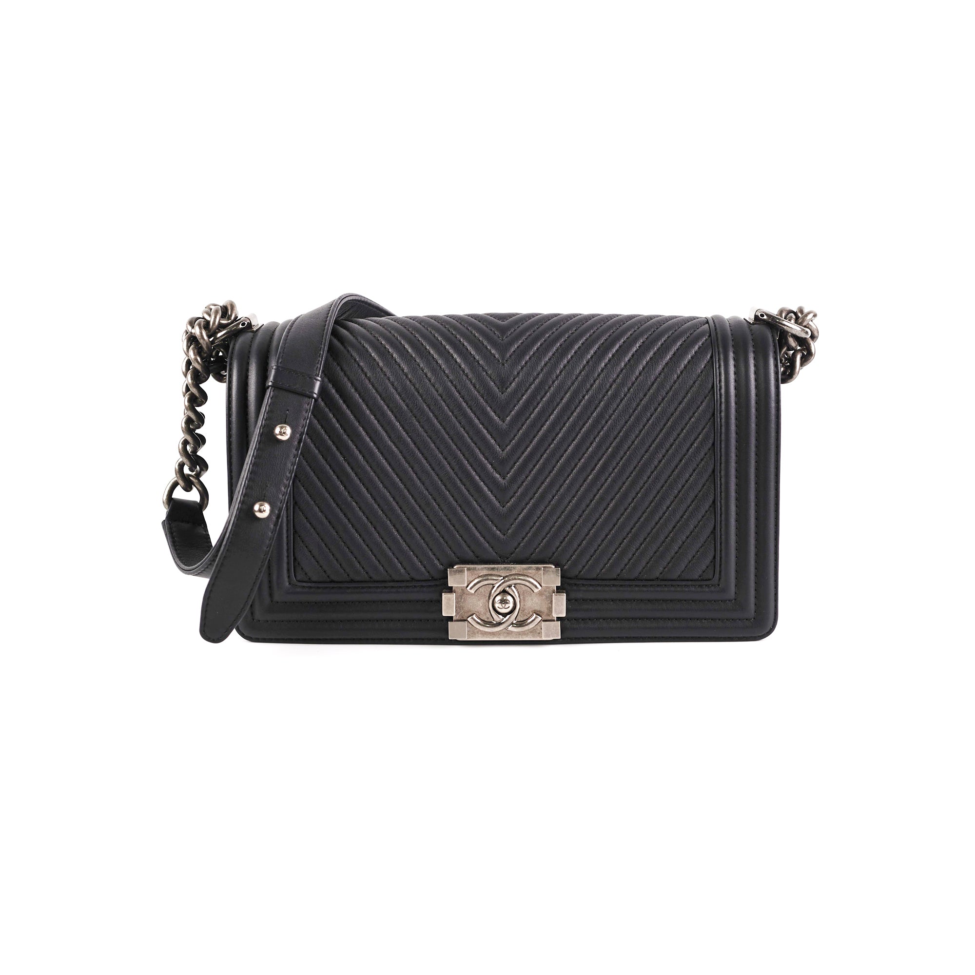Chanel Old Medium Boy Chevron Black Leather Handbag - Luxury Designer Crossbody Bag for Women | Perfect for Evening Events, Parties & Date Nights