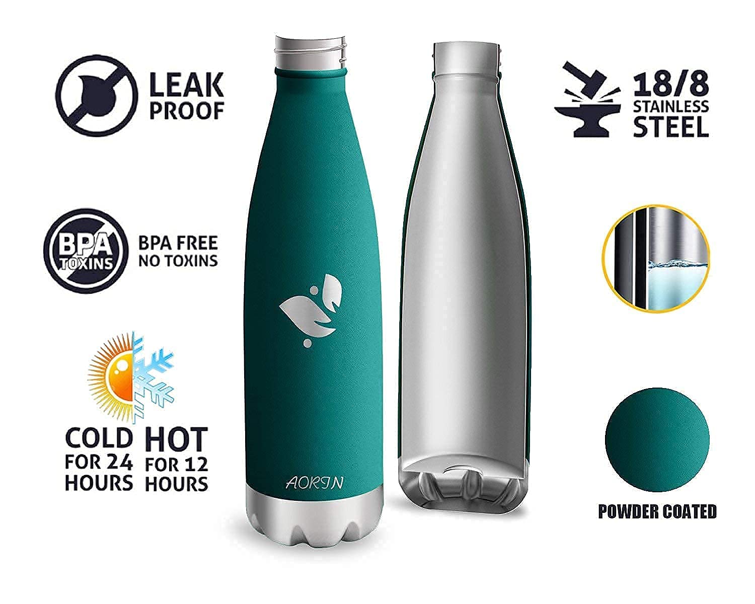 AORIN Stainless Steel Double Wall Vacuum Insulated Water Bottle - 350ml/500ml/750ml - Powder Coated, Scratch Resistant, Leak Proof, Easy to Clean - Perfect for Gym, Hiking, Travel & Office Use