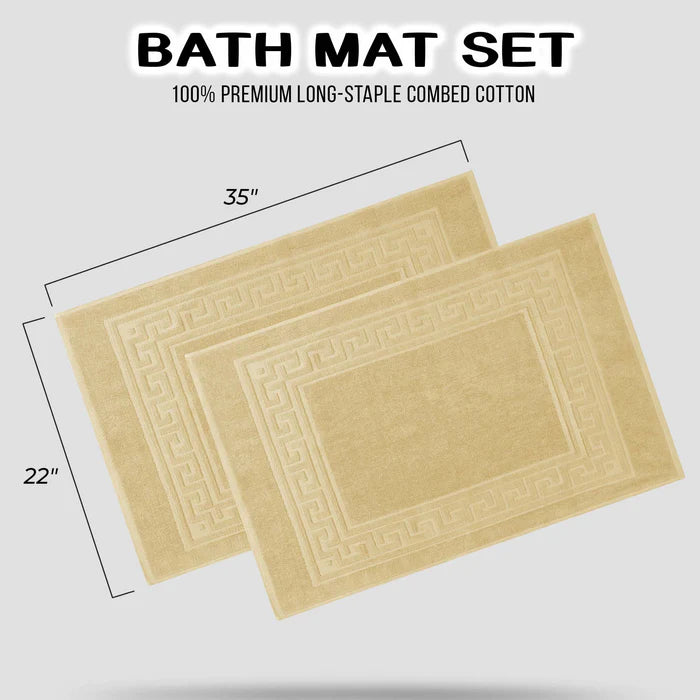 Premium Cotton 2-Piece Greek Key Border Bath Mat Set - Ultra Absorbent, Non-Slip Bathroom Rug - Perfect for Modern Bathrooms, Master Suites & Spa-Like Retreats