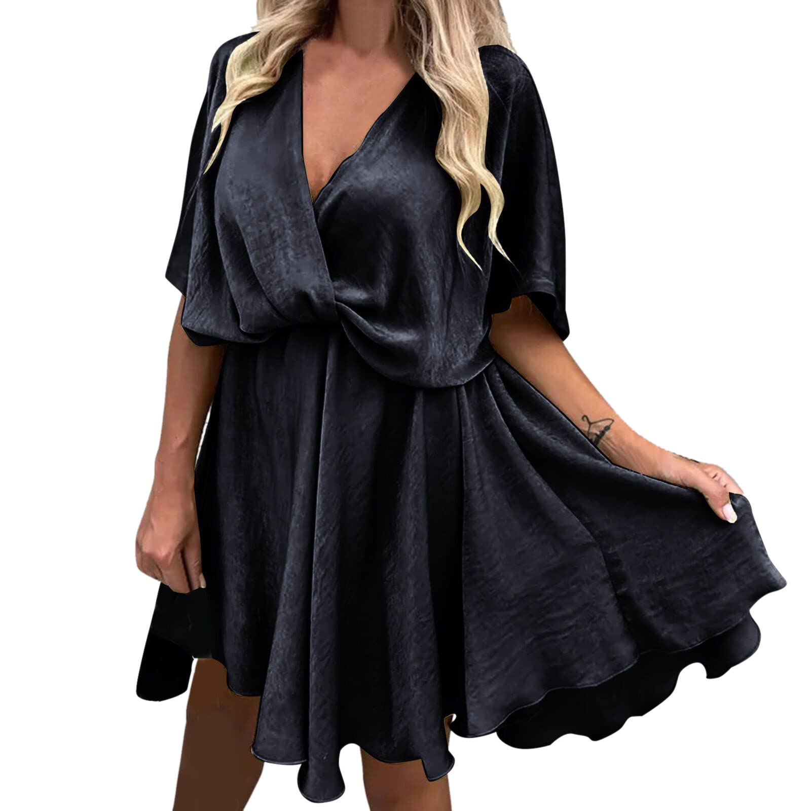 Plus Size Casual Mini Dress - Solid Print Batwing Sleeve Flowy Swing Dress for Women | Summer Beach, Party & Everyday Wear