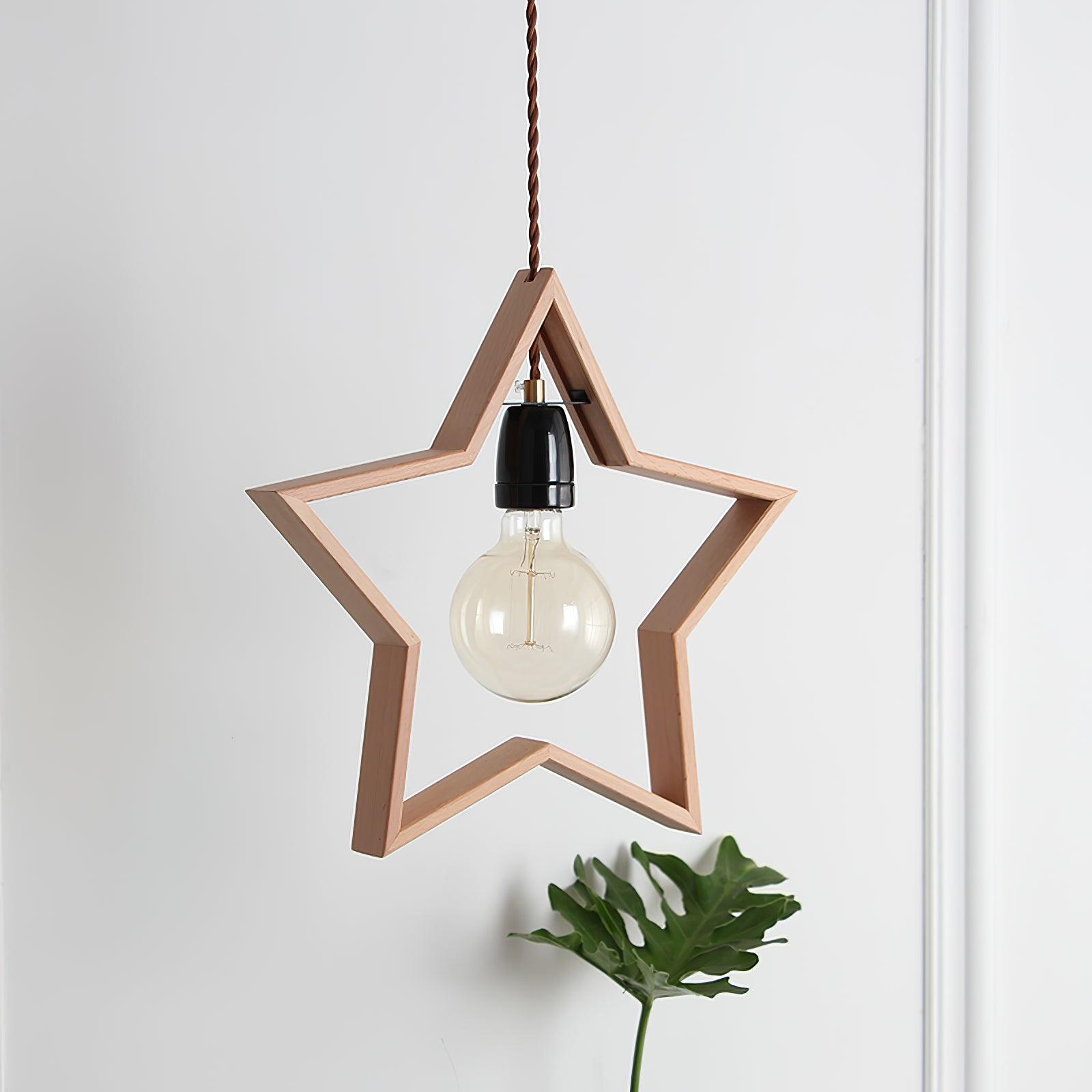 Handmade Wood Star Pendant Light - Natural Wooden Ceiling Hanging Lamp for Bedroom, Nursery, Dining Room & Living Room Decor - Boho Chic Lighting Fixture for Home & Cafe