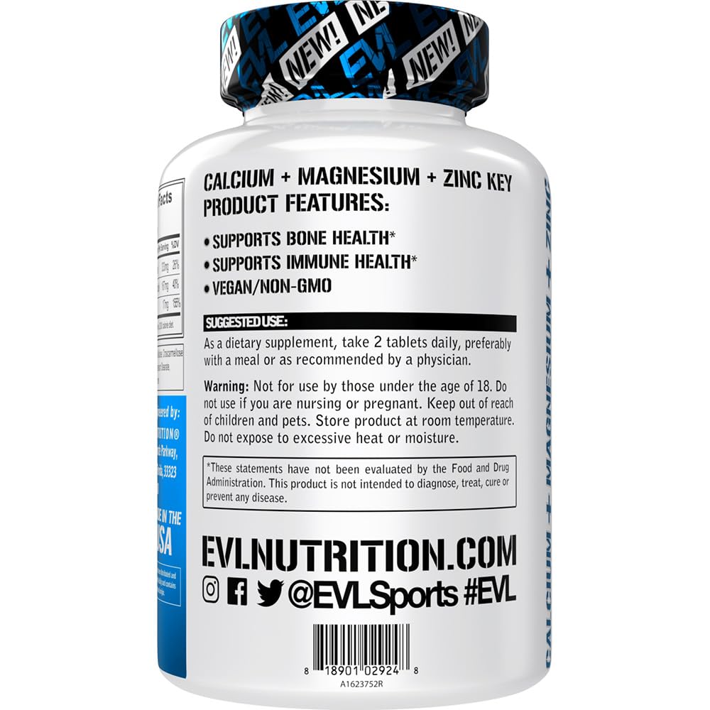 EVLution Nutrition Calcium Magnesium Zinc Supplement - 60 Tablets for Bone Health, Muscle Support & Immune Boost - Ideal for Athletes & Active Lifestyles