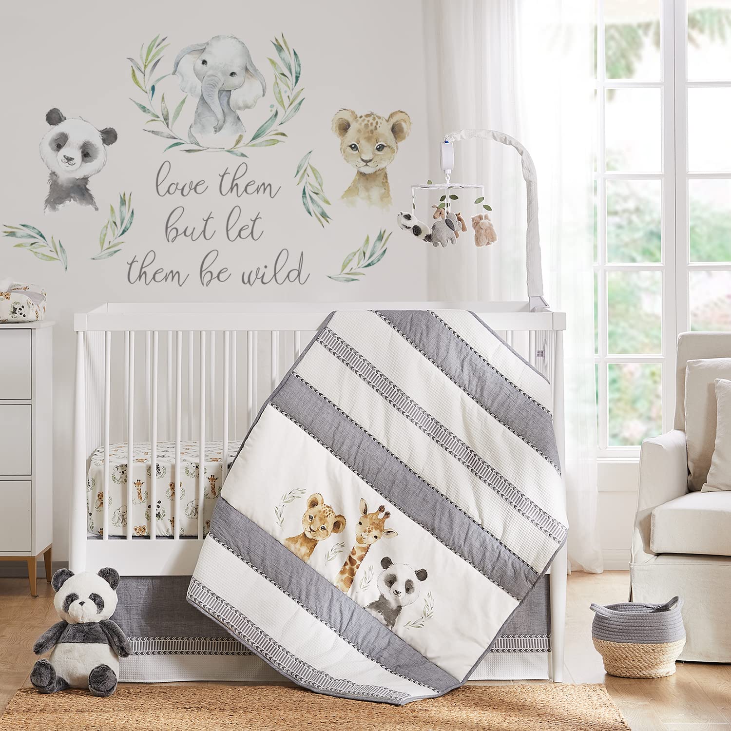 Levtex Baby Mozambique 4-Piece Crib Bedding Set - Jungle Animal Theme with Quilt, Fitted Sheet, Wall Decal & Dust Ruffle in Grey Taupe Charcoal Green White - Perfect for Nursery Decor & Baby Shower Gifts