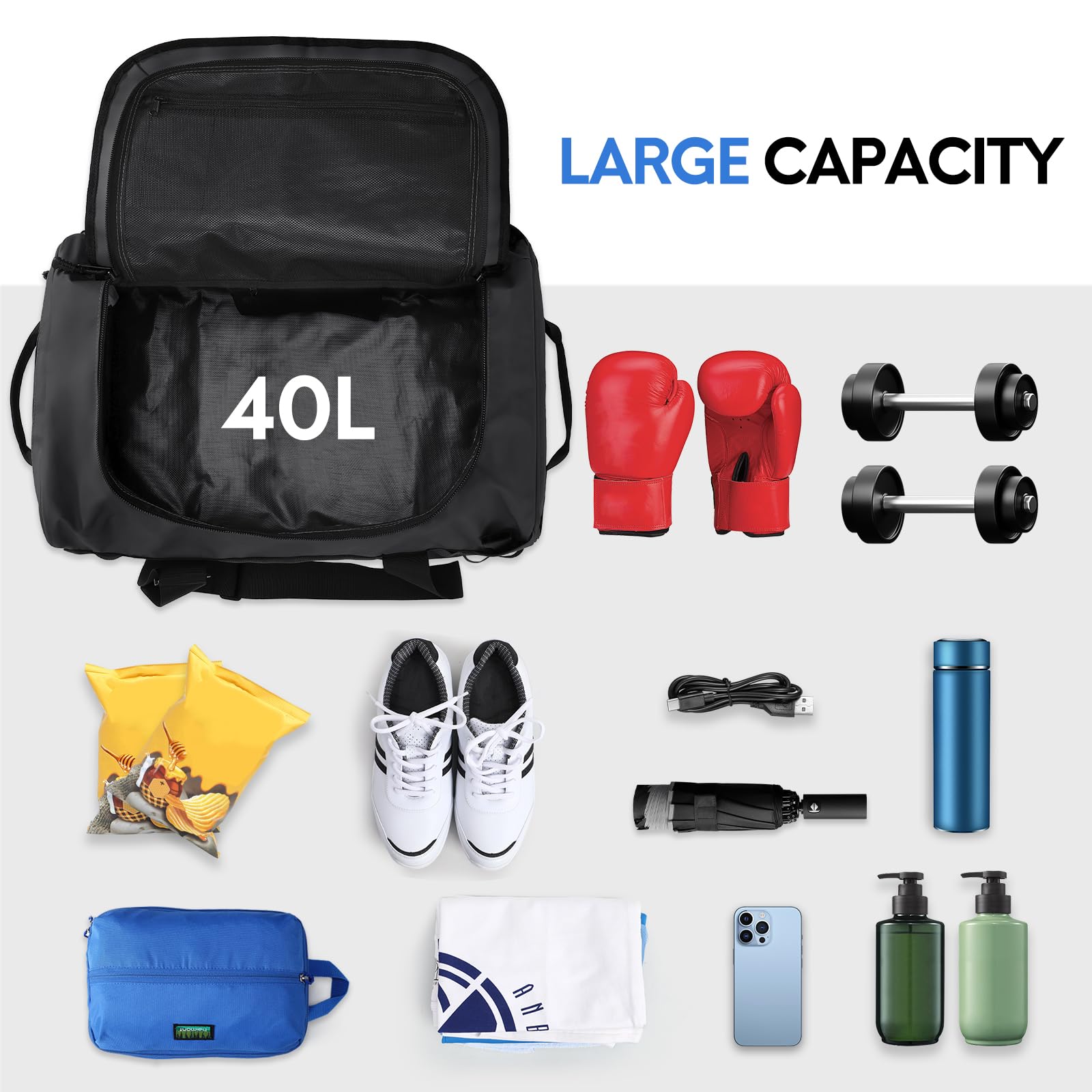 Haimont 40L Large Gym Duffel Backpack for Men - Sports Duffle Bag with Backpack Straps for Workout, Hiking, Travel & Weekender - Water-Resistant Black Athletic Bag (Perfect for Gym, Sports, Camping & Business Trips)