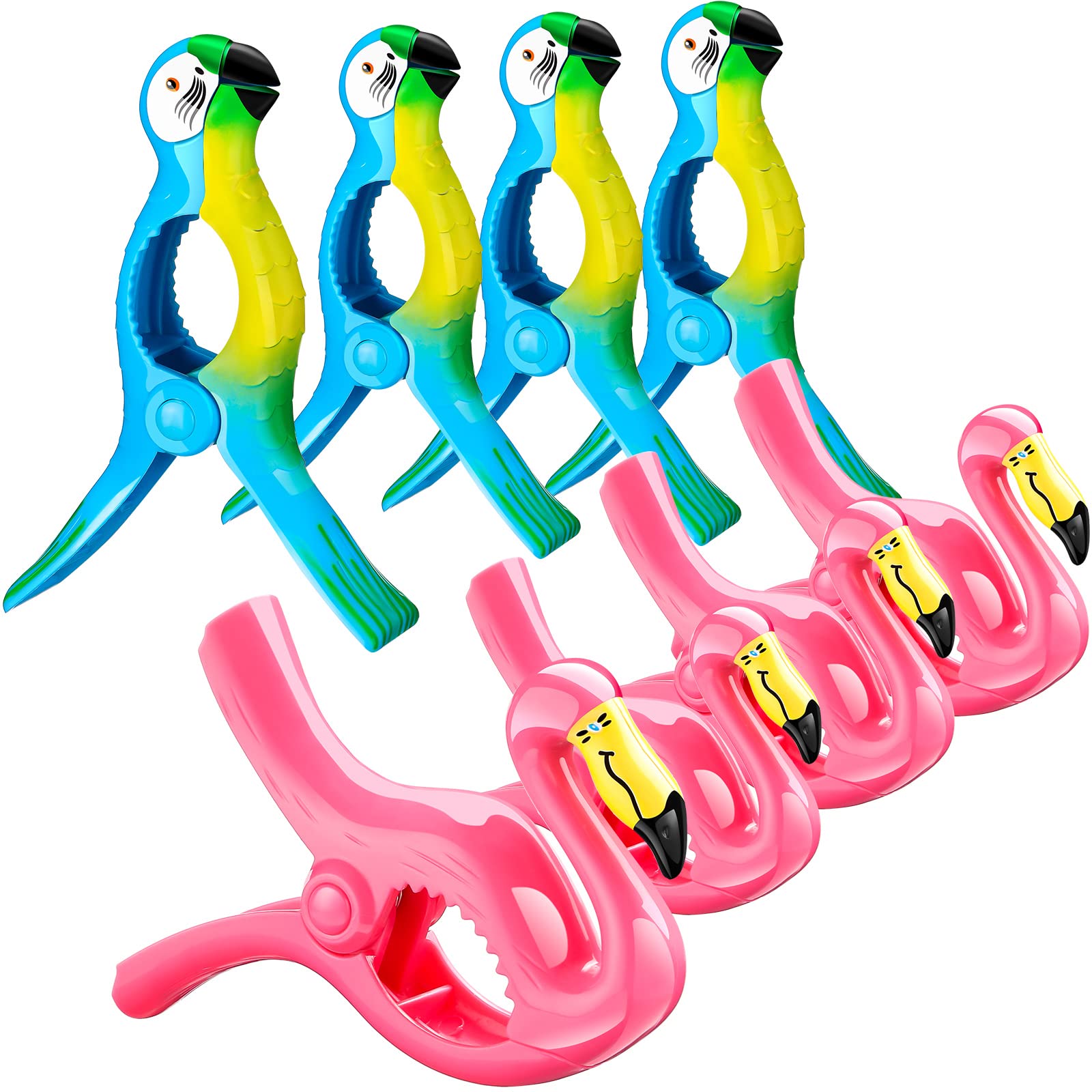 8 Pcs Heavy Duty Beach Towel Clips for Chairs - Flamingo & Parrot Design, Jumbo Size Pool Towel Holders for Cruise Ship, Travel, and Outdoor Use (Pink, Blue, Flamingo, Parrot) - Perfect for Beach, Poolside, and Vacation Essentials