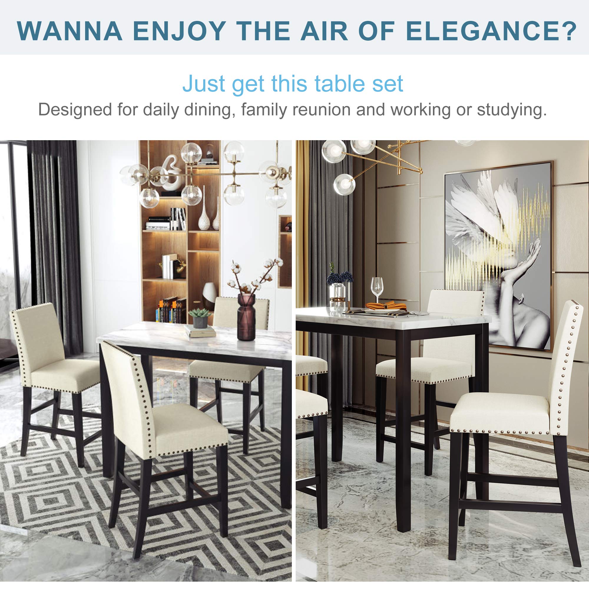 5-Piece Modern Counter Height Dining Set with High-Back Chairs & Marble Veneer Table - Beige Fabric Kitchen Pub Table for Small Spaces, Breakfast Nooks & Apartment Dining | Perfect for Entertaining, Family Meals & Compact Homes
