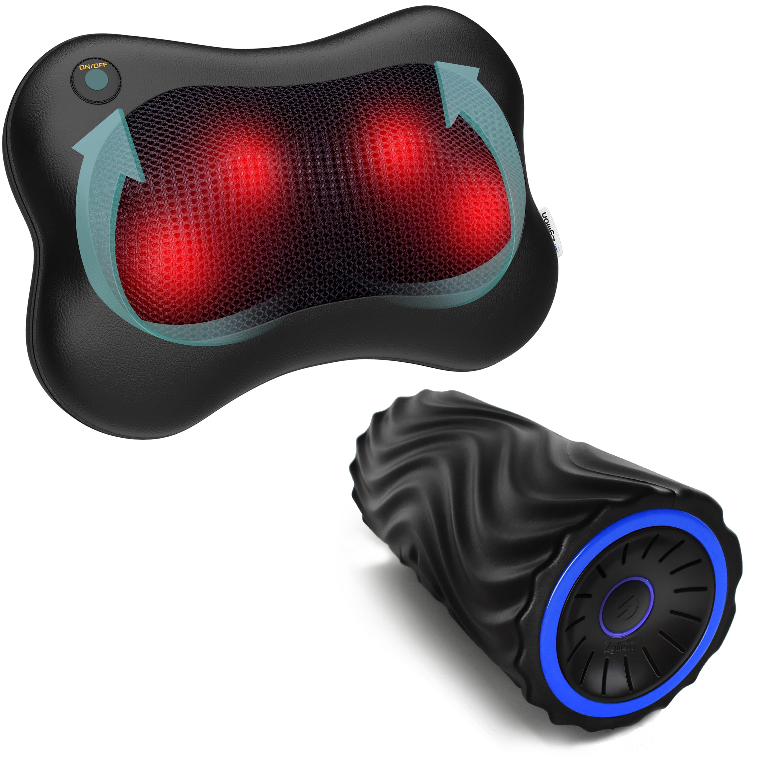 Zyllion Shiatsu Back Massager with Heat & Vibration - Black | Deep Tissue Muscle Massage Roller - Black/Blue | Perfect for Home, Office & Post-Workout Recovery
