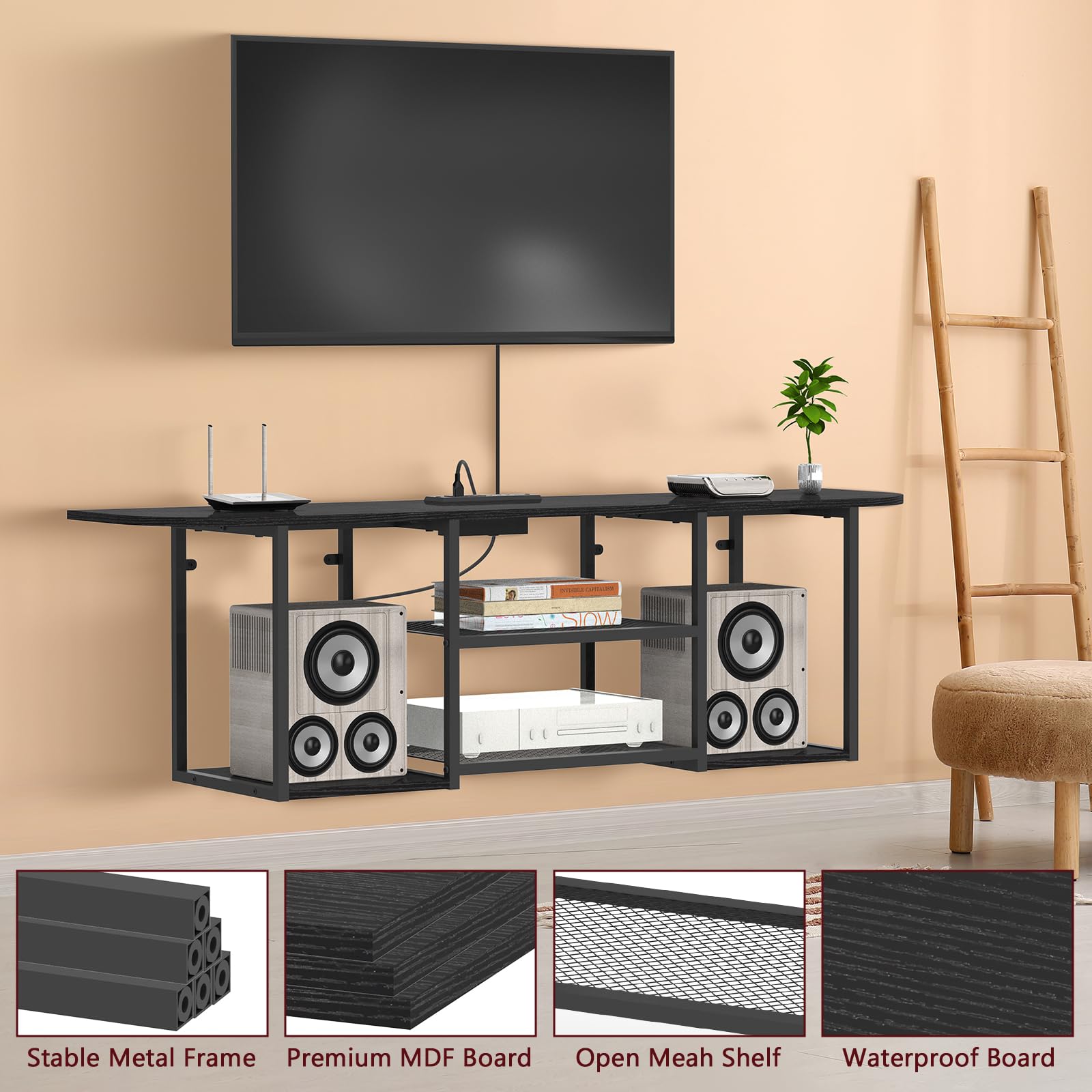 Floating TV Stand with Power Outlet for 50-60 Inch TVs - Wall Mounted Media Console with Open Storage Shelves - Modern Entertainment Center for Living Room & Bedroom (Black) - Perfect for Small Spaces & Home Theater Setup