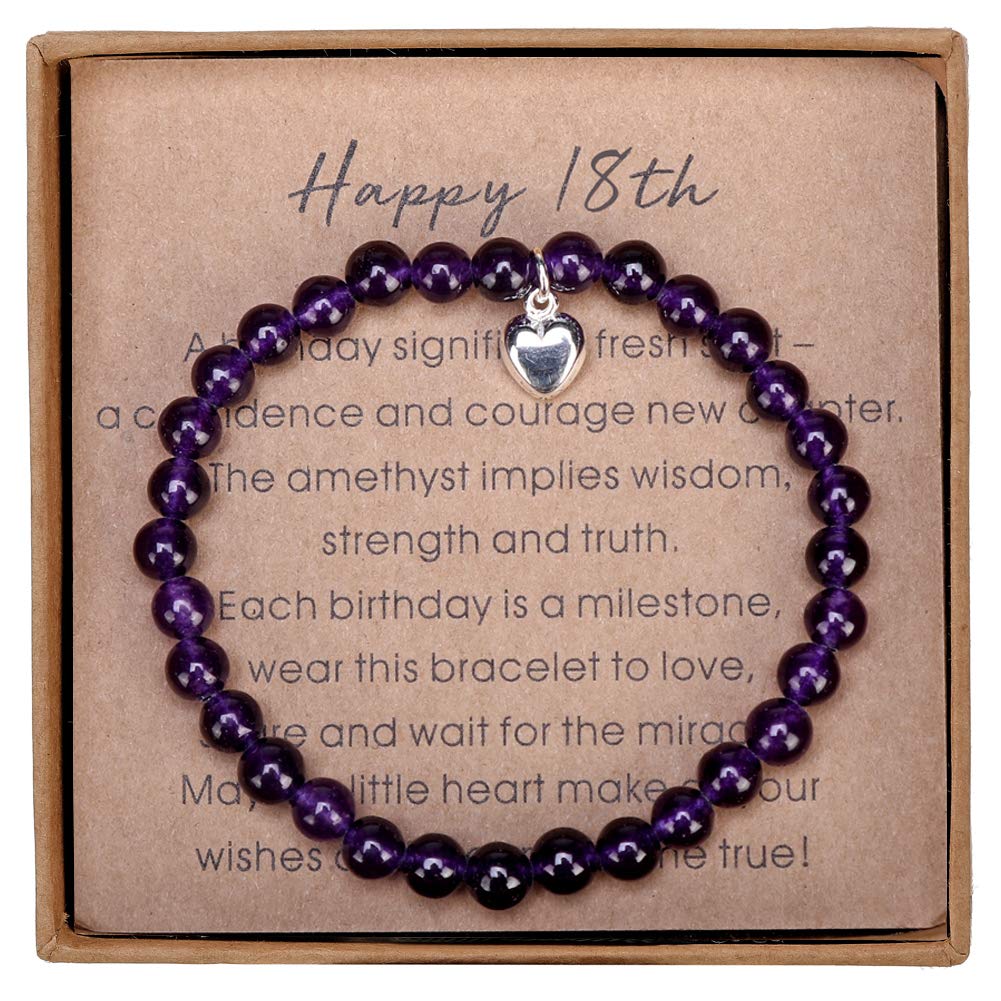 Amethyst Bead Bracelet with Sterling Silver Heart Charm - 18th Birthday Gift for Women & Girls - Comes with Greeting Card & Gift Box - Perfect for Graduation, Sweet 16, or Special Occasions