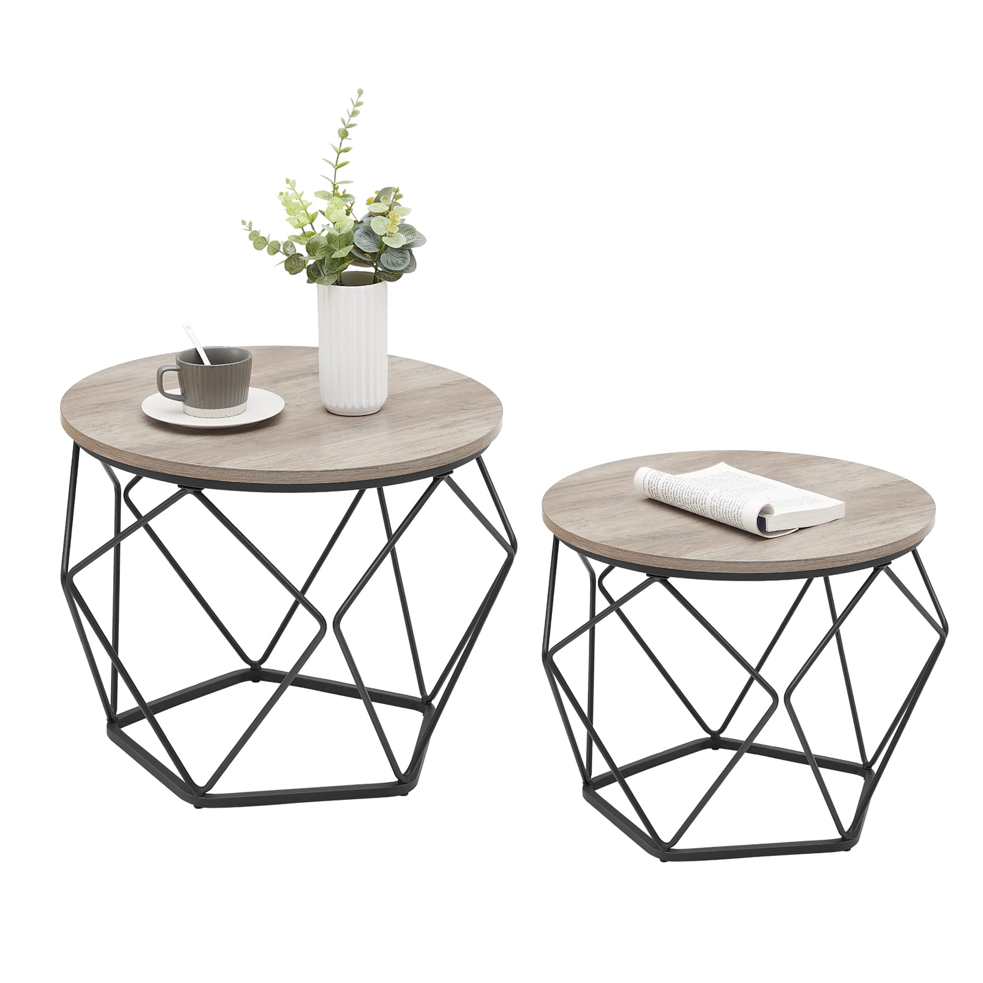 VASAGLE 2-Piece Round Coffee Table Set with Sturdy Steel Frame - Modern Side End Table for Living Room, Bedroom & Office - Greige & Ink Black - Perfect for Small Spaces, Home Decor & Coffee Time