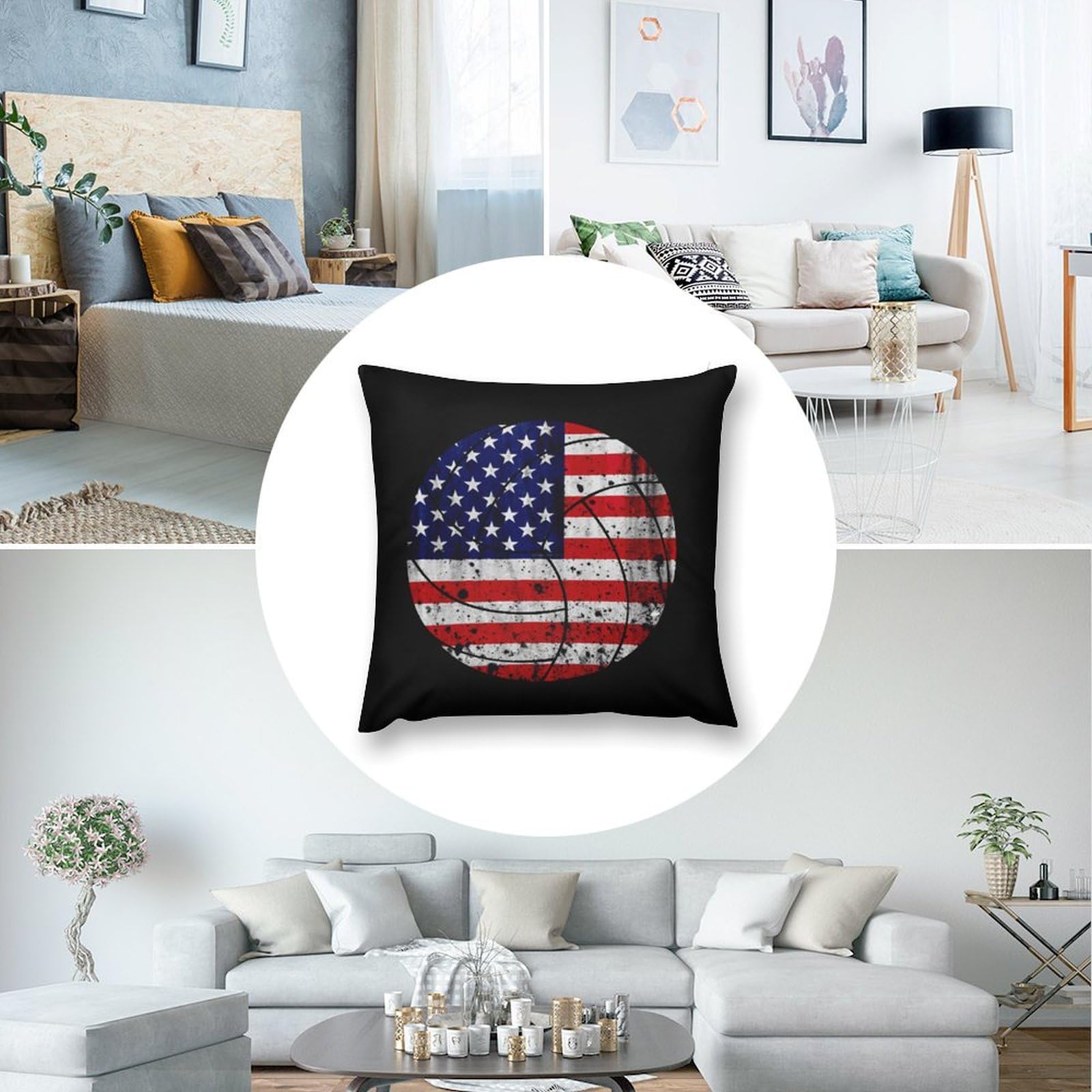 USA Flag Volleyball Plush Pillow Covers - Soft & Smooth 12x12 Inch Cushion Cases for Sofa, Bed, Dorm - Patriotic Home Decor Set of 4 - Perfect for Game Day, 4th of July & Sports Fan Gifts
