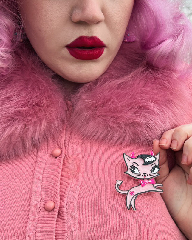 Bad Kitty Brooch - Cute Cat Pin for Women by Miss Fluff x Lipstick & Chrome - Perfect for Jackets, Bags & Accessories