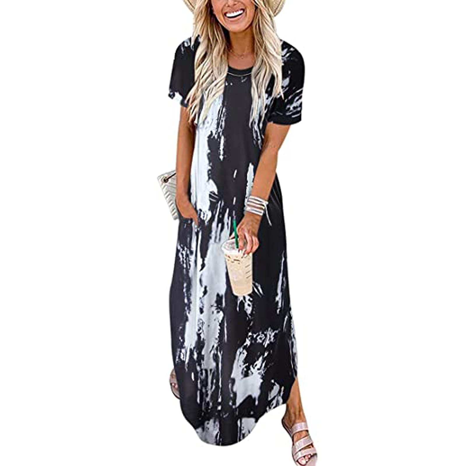 Kansopa Women's Tie-Dye Maxi Dress - Floral Print Casual Loose Sleeve Summer Dress for Beach, Vacation & Outdoor Activities