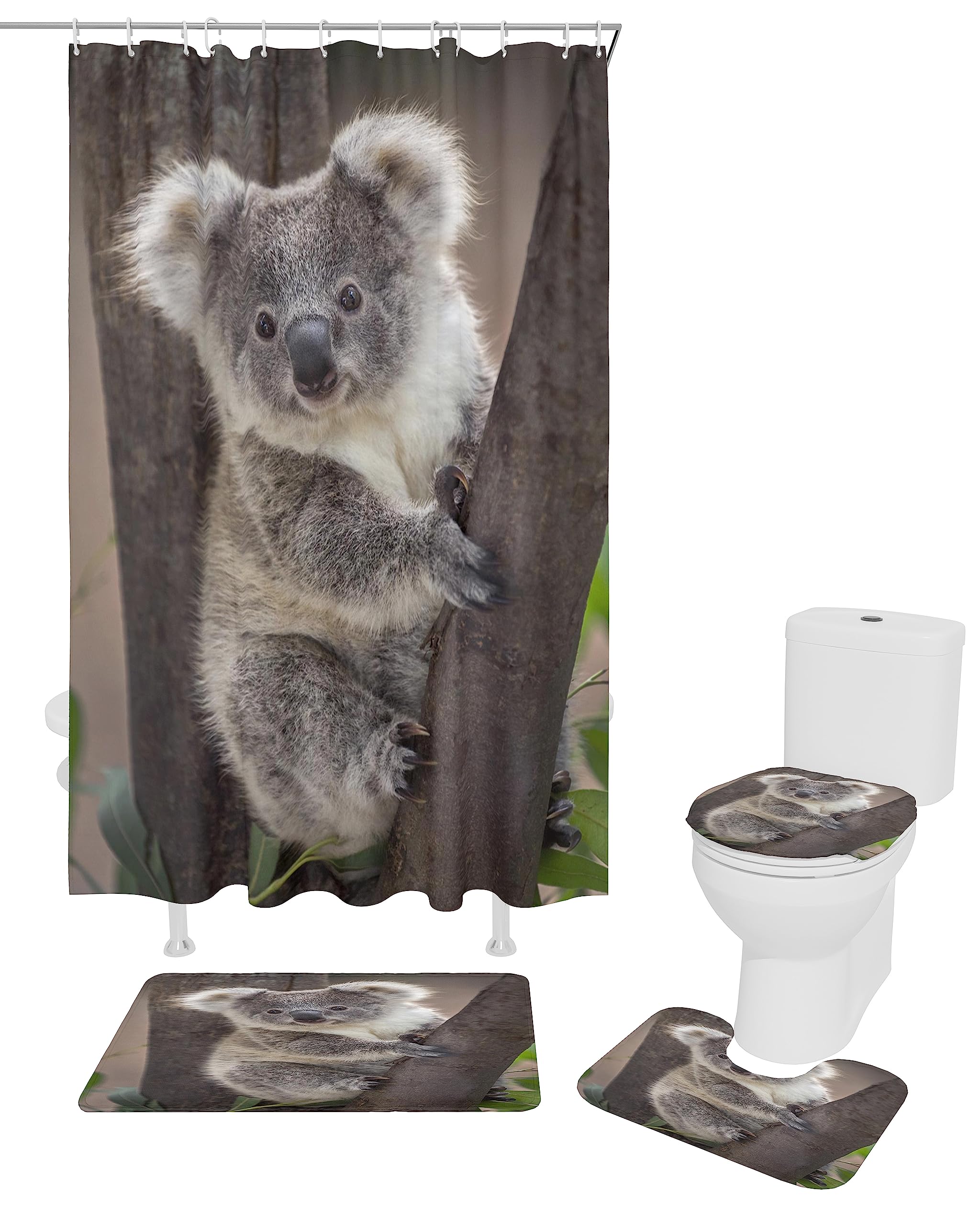 4 Pcs Koala Bear Shower Curtain Set - Waterproof Bathroom Decor with Non-Slip Rugs, Toilet Lid Cover & Bath Mat, 72x72 Inch Large Wild Animal Theme - Perfect for Kids' Bathroom, Nursery or Jungle-Themed Home Decor
