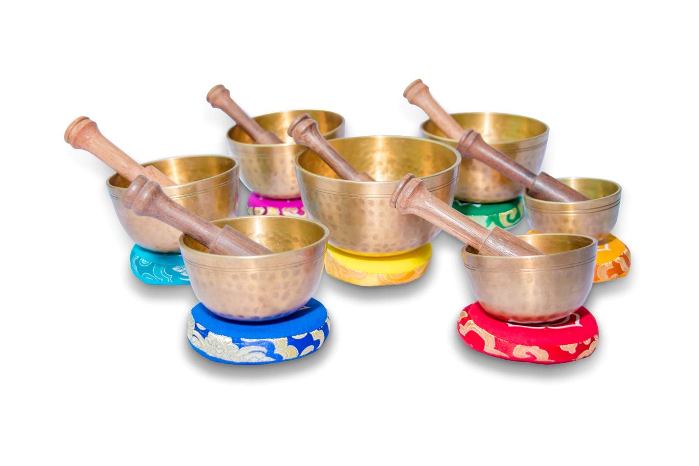 Authentic Tibetan Singing Bowl Set of 7 - Handcrafted in Nepal with 7 Sacred Metals for Yoga, Meditation, Chakra Healing & Stress Relief | Includes Silk Cushions & Striking Sticks | Perfect for Mindfulness Practice, Sound Therapy & Home Decor (MA-04)