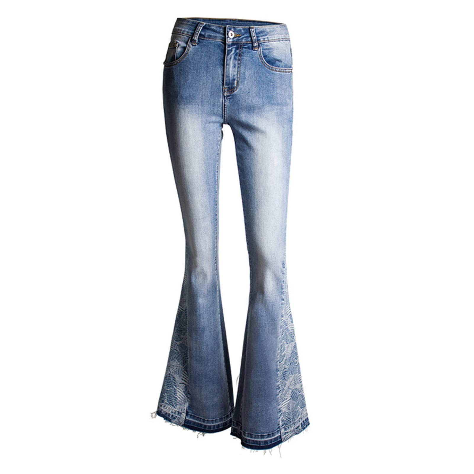 ZZSRJ Women's Stretch Flare Jeans - High Waist Patchwork Embroidery Denim Pants (Blue, Plus Size 4XL) for Casual Wear & Boho Fashion